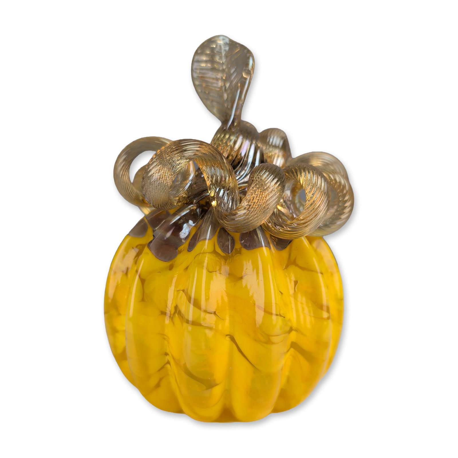 Steven Lundberg (American 1953-2008) Glass Art Pumpkin: Steven Lundberg Glass Art hand-blown art glass pumpkin. The piece features a yellow optic-molded body with interior mottling and a complex multi-looped amber-tinted clear glass stem with a single