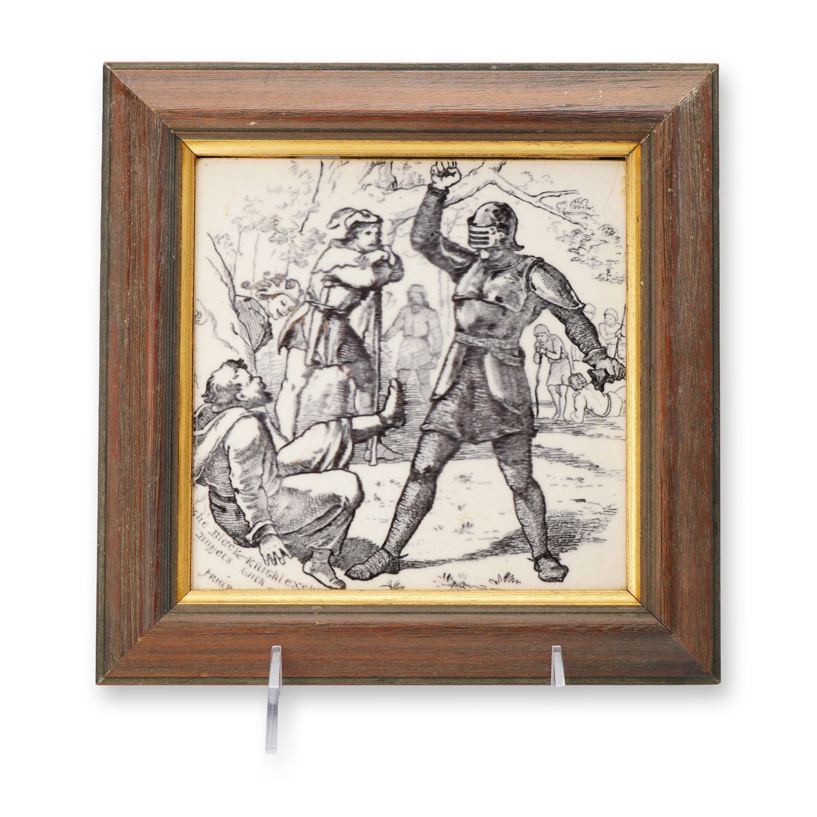 Framed Wedgwood Ivanhoe Series Transfer-Printed Tile: A nineteenth-century square earthenware tile from the Ivanhoe series, produced by Josiah Wedgwood and Sons at the Etruria works in England. The tile features a black transfer-printed illustration