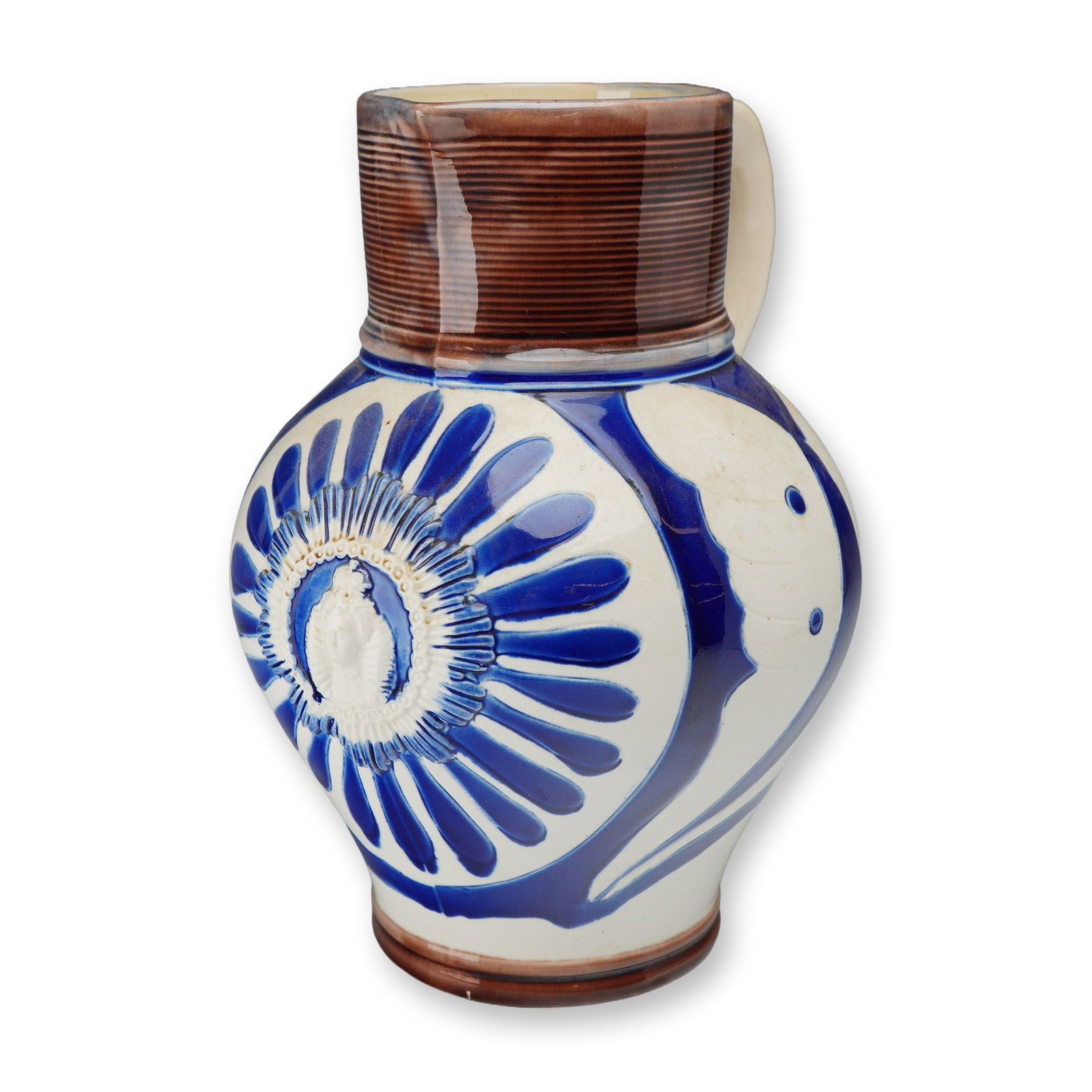 Wedgwood Westerwald-Style Salt-Glazed Stoneware Jug with Cameo: A salt-glazed stoneware jug produced by Wedgwood, modeled after 17th-century German Westerwald pottery. The vessel features an ovoid body decorated with a central raised cameo depicting a female profi