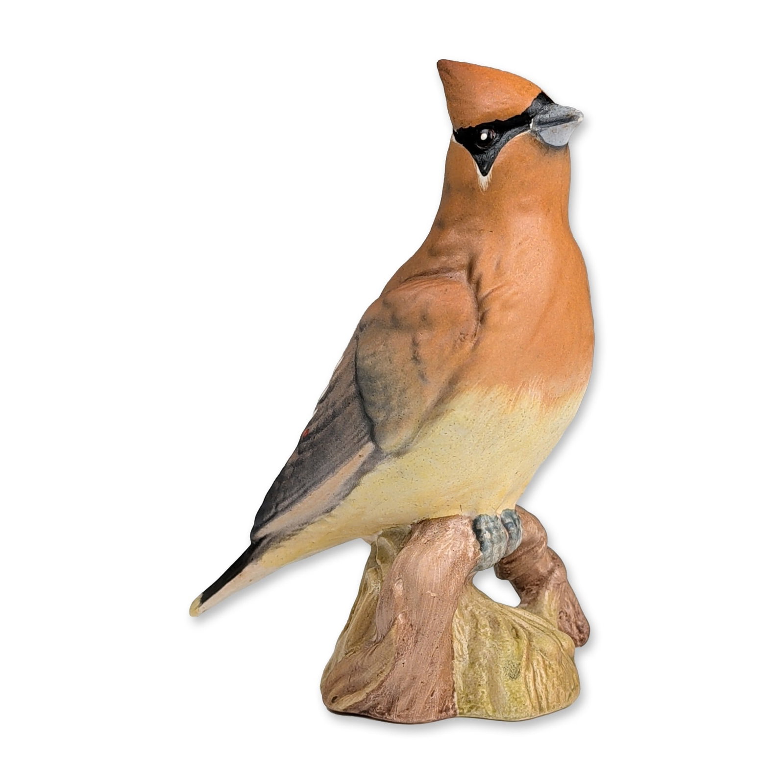 Beswick by Graham Tongue American Bird Series Figurine, Cedar Waxwing 2184: Hand-painted ceramic figurine with a matte bisque finish depicting a Cedar Waxwing bird perched on a textured branch base. The figure displays characteristic plumage details including a black mask, ye