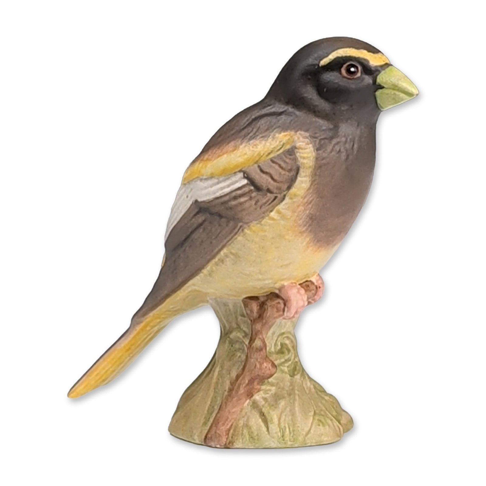 Beswick by Mr. Albert Hallam American Bird Series Figurine, Evening Grosbeak 2190: Hand-painted matte decoration, the bird is modeled in a perched position on a stylized branch base, featuring a dark head with yellow highlights, a yellow body, and brown wings with white patches.