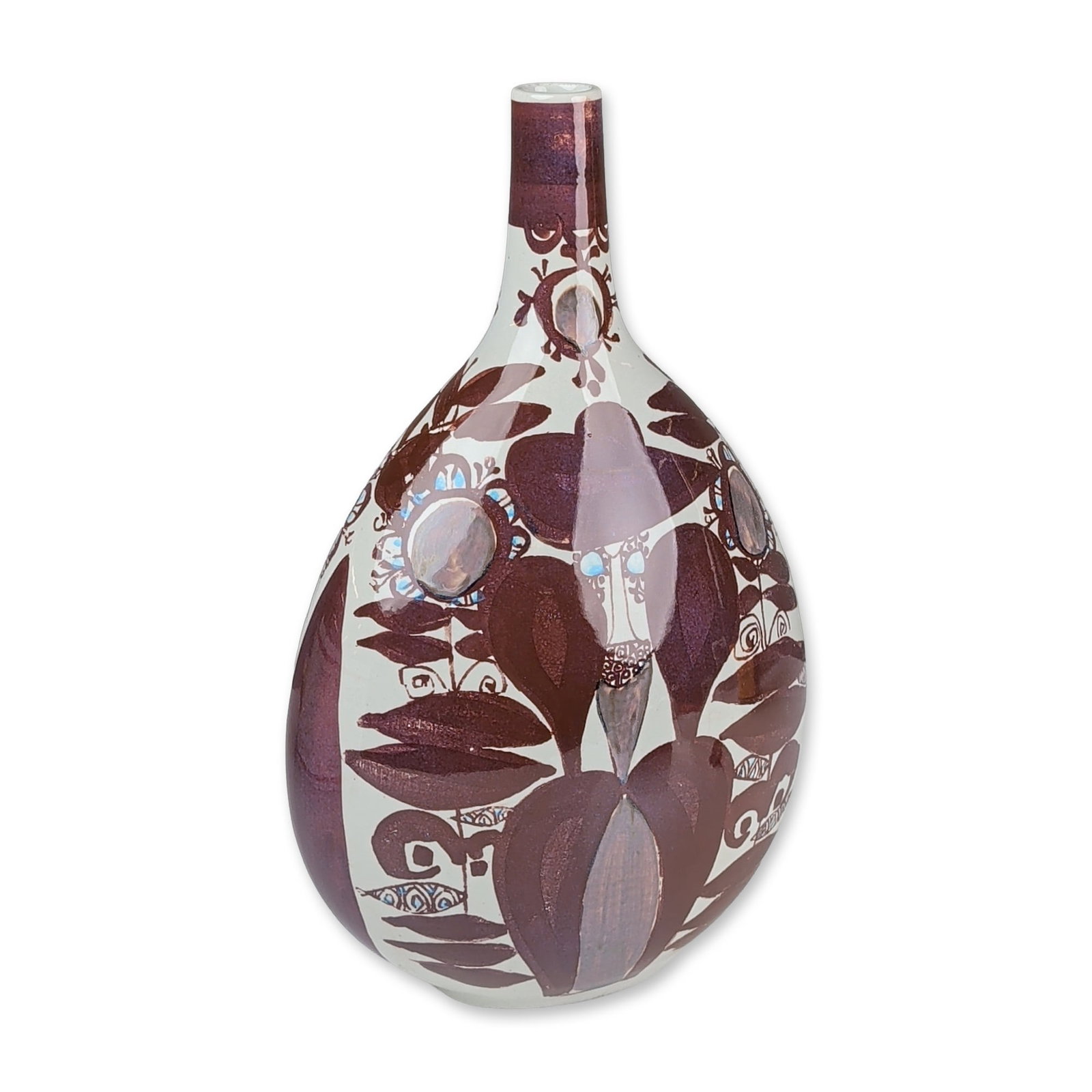 Royal Copenhagen Kari Christensen Fajance Bottle Vase: This teardrop-shaped vessel features a tapering neck and is decorated with an abstract botanical motif incorporating stylized eye and leaf forms. The decoration is executed in a deep plum metallic