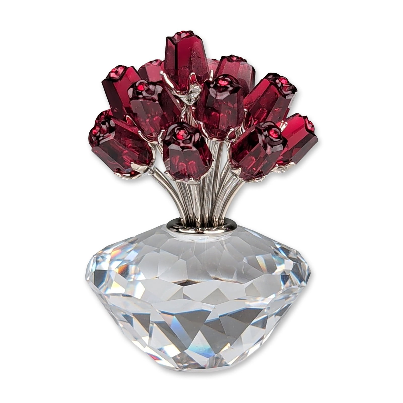 Swarovski Crystal Figurine, Vase of Roses: Swarovski Crystal Society (SCS) 1994 membership gift titled Magic of Crystal. The figurine features a bouquet of faceted red crystal rosebuds on silver-tone metal stems, set into a faceted clear cryst