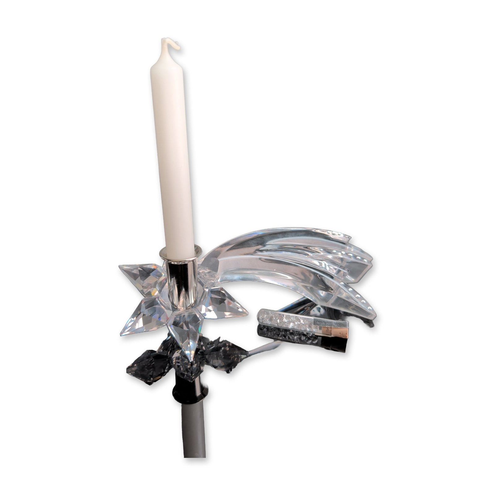 Swarovski Crystal Comet Candle Holder with Vial of Crystal Chatons: Swarovski Silver Crystal Comet candle holder designed with a multi-faceted star socket featuring a polished metal liner. The socket is mounted to a base composed of three sweeping crystal plumes repre