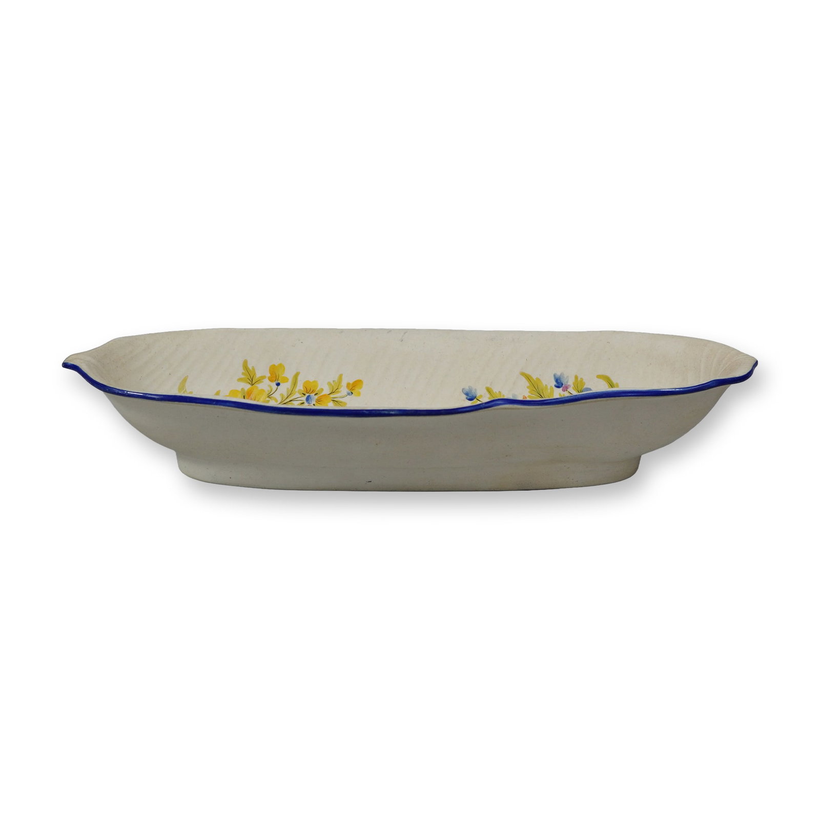 Wedgwood Hand-Painted Creamware Leaf-Molded Pickle Dish: This Wedgwood creamware dish features an elongated, shallow oval form, traditionally identified as a pickle dish or spoon tray. The interior surface displays a molded radial leaf texture. Decoration c