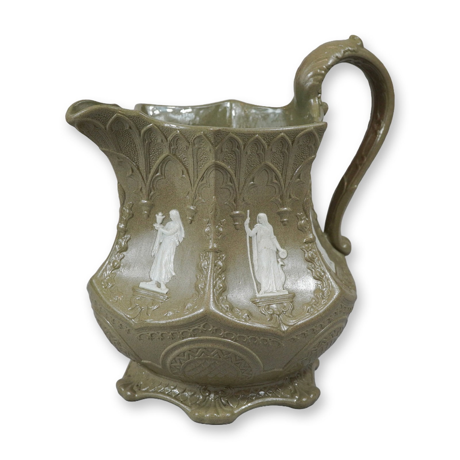 Wedgwood Gothic Style Drabware Pitcher with Classical Applied White Reliefs (1 of 1)