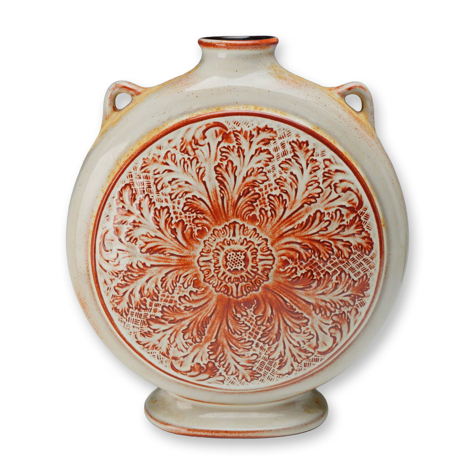 Wedgwood Eleanor Collection Coral Glazed Moon Flask Vase: This is a relief-molded pottery moon flask from the Wedgwood Eleanor collection, finished in a coral and off-white color scheme. The vessel features a flattened circular body with two small lug handle