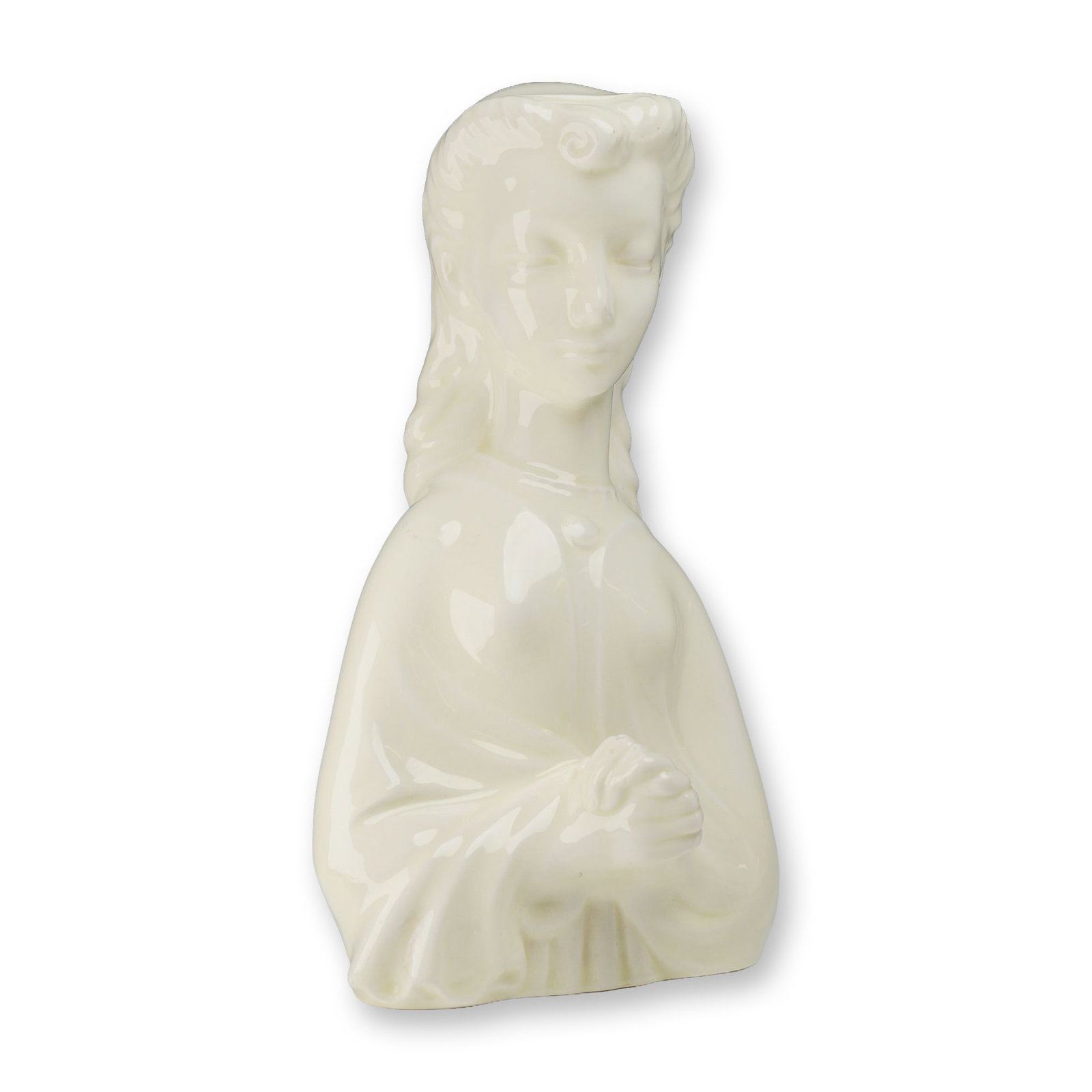 Wedgwood Barlaston Penelope Ceramic Bust by Arnold Machin: A mid-century glazed ceramic bust titled Penelope, designed by artist Arnold Machin for Wedgwood. The figurine depicts a young woman in a prayerful pose with eyes closed and hands clasped together.
