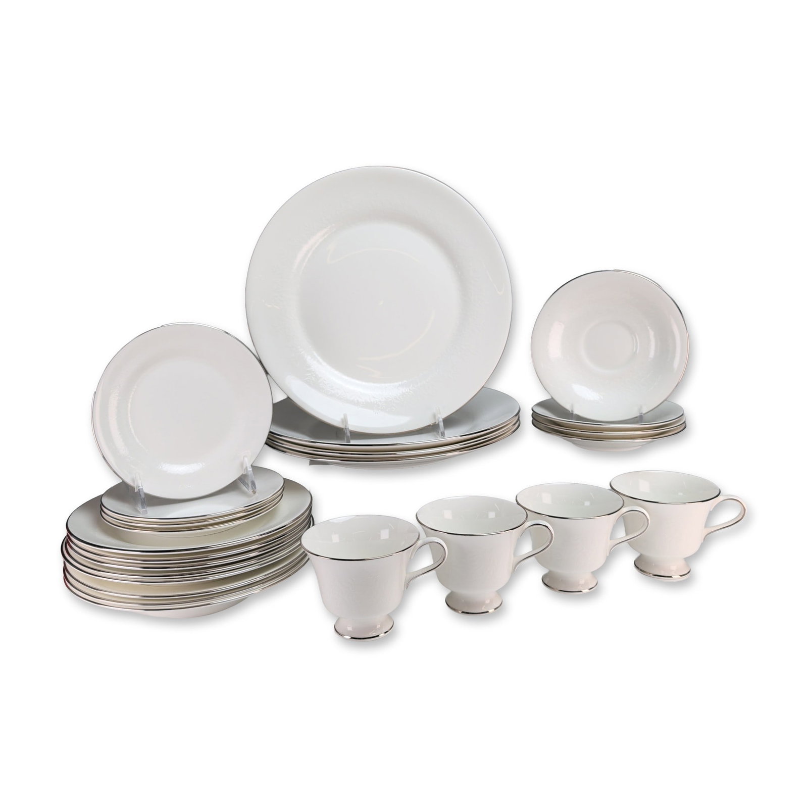 24pc Wedgwood Silver Ermine Bone China Dinner Service for Four: Wedgwood bone china twenty-four pieces dinner service for four in the Silver Ermine pattern, featuring a textured white body with platinum trim. The group includes four coffee cups and four saucers, f