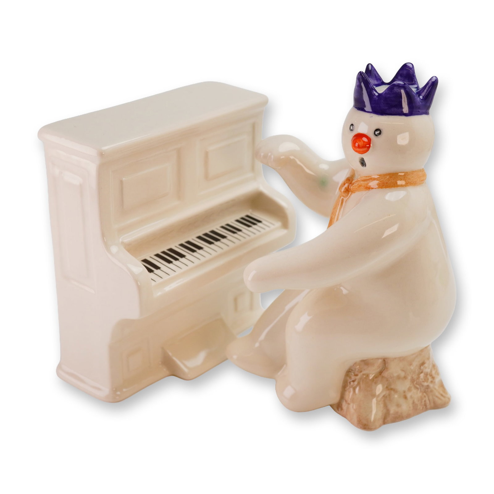 2pc Royal Doulton The Snowman Gift Collection Figurine with Piano: Two Royal Doulton glazed porcelain figurines from The Snowman Gift Collection, comprising the Pianist Snowman (model DS 12) and the Snowman's Piano (model DS 13). The Pianist Snowman is modeled wearin