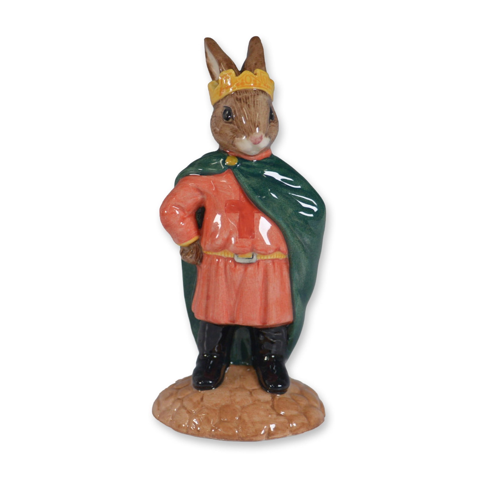 Royal Doulton Bunnykins Figurine, Prince John DB266: Royal Doulton Bunnykins figurine titled Prince John, model DB266, from the Robin Hood Collection. This hand-made and hand-decorated fine bone china figurine depicts Prince John in a regal pose, wearin