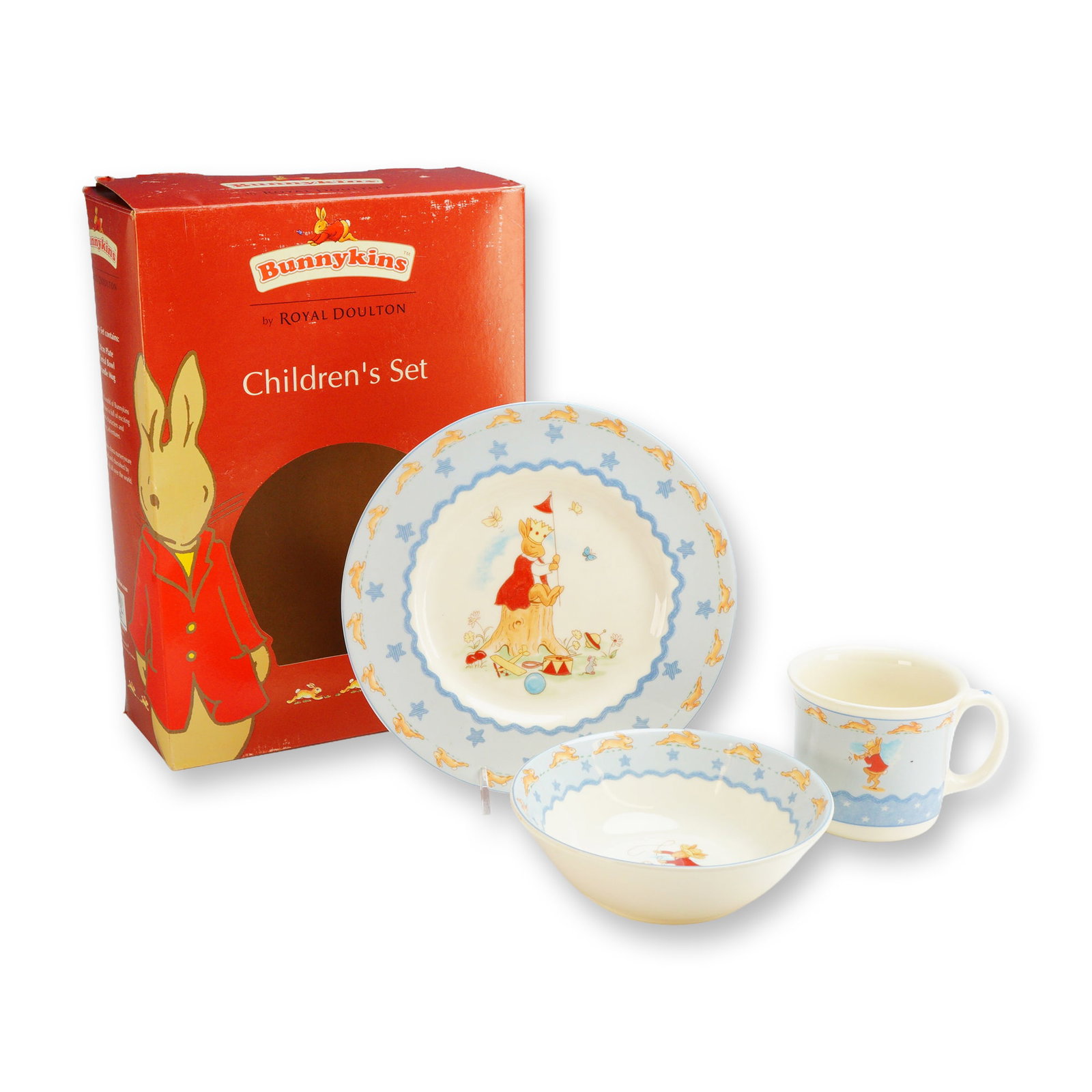 Royal Doulton Bunnykins Nurseryware Shining Stars 3-Piece Children's Set: This bone china collection includes a plate, an oatmeal bowl, and a single-handled mug. The decoration consists of a light blue starry border with running bunnies surrounding central illustrations of 