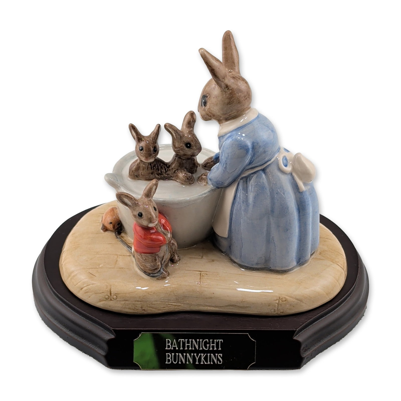 Royal Doulton LE Bath Night Bunnykins Ceramic Tableau with Base: Royal Doulton limited edition ceramic tableau titled Bath Night Bunnykins, model number DB 241. Polychrome glazed ceramic figure group depicting a mother rabbit bathing three offspring in a washbowl. 