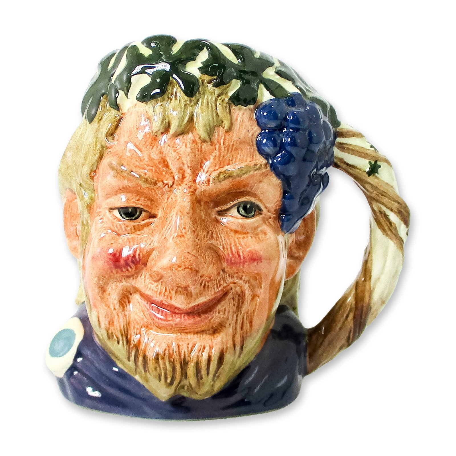 Bacchus D6505 - Small - Royal Doulton Character Jug: Maroon robe; green leaves and purple grapes adorn the head. In Greek and Roman mythology, Bacchus was the god of wine and nature, inspiring men and women to appreciate music and poetry. "Bacchanalia" 