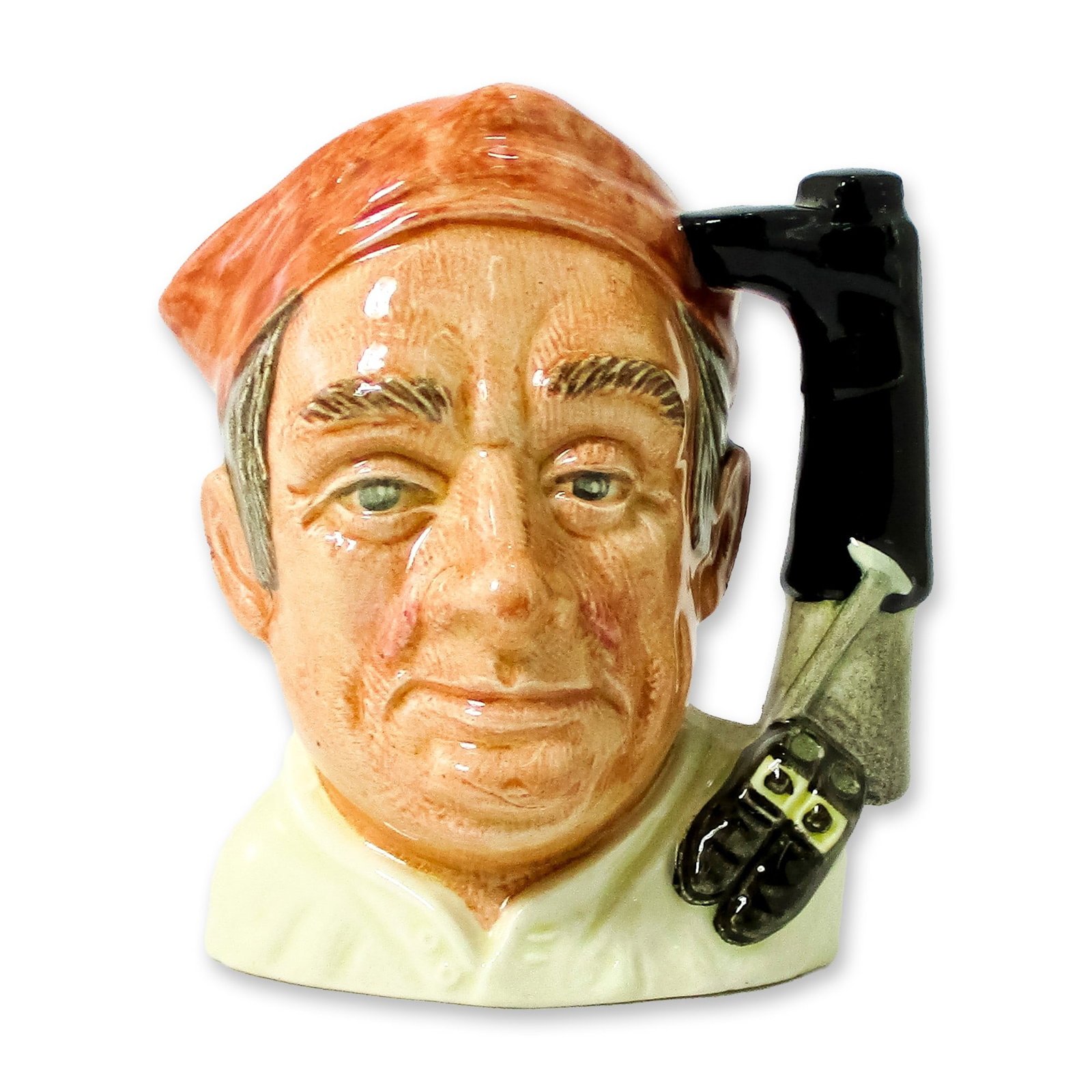Bootmaker D6579 - Small - Royal Doulton Character Jug: Salmon cap; white shirt. Series: Characters From Williamsburg. Royal Doulton backstamp. Artist: David B. Biggs Dimensions: 4"H Date or Era: 1963 - 1983 Manufacturer or Brand: Royal Doulton Country