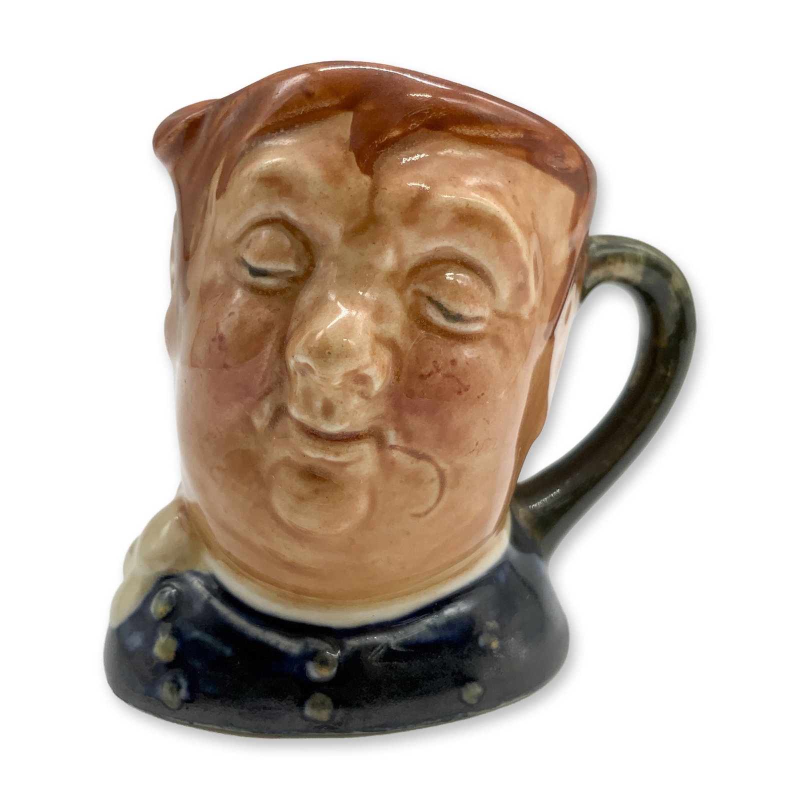 Fat Boy D6139 - Mini - Royal Doulton Character Jug: Blue shirt; white scarf. Royal Doulton backstamp. Artist: Leslie Harradine and Harry Fenton Dimensions: 2.5"H Date or Era: 1940 - 1960 Manufacturer or Brand: Royal Doulton Country of Origin: