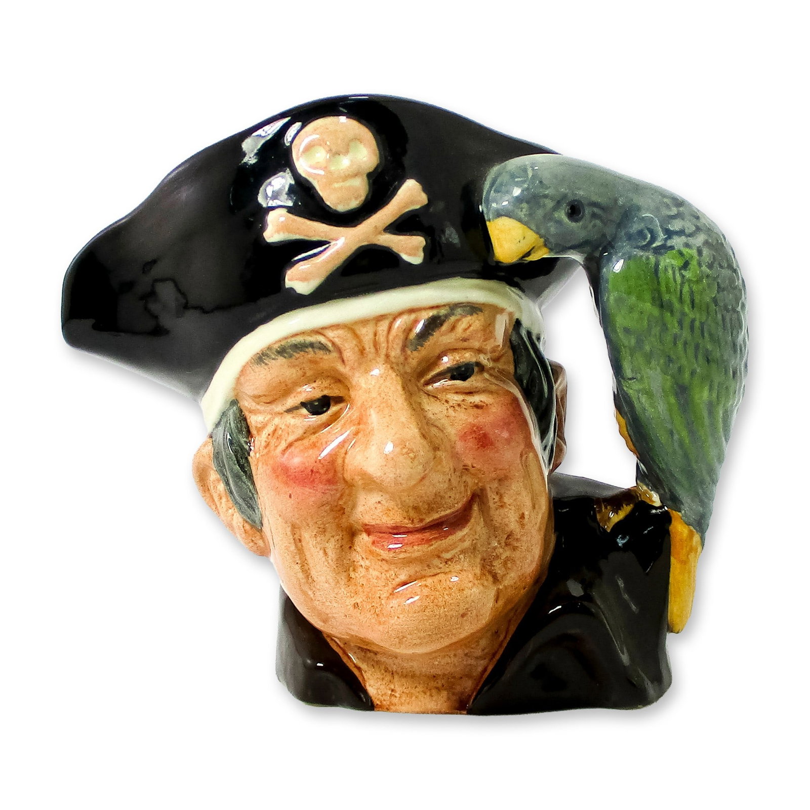 Long John Silver D6386 - Small - Royal Doulton Character Jug: Variation One. Maroon shirt; green and grey parrot. This scoundrel and pirate from Robert Louis Stevenson's "Treasure Island" had a wooden leg and a parrot companion. Together with the boy-hero Jim Ha