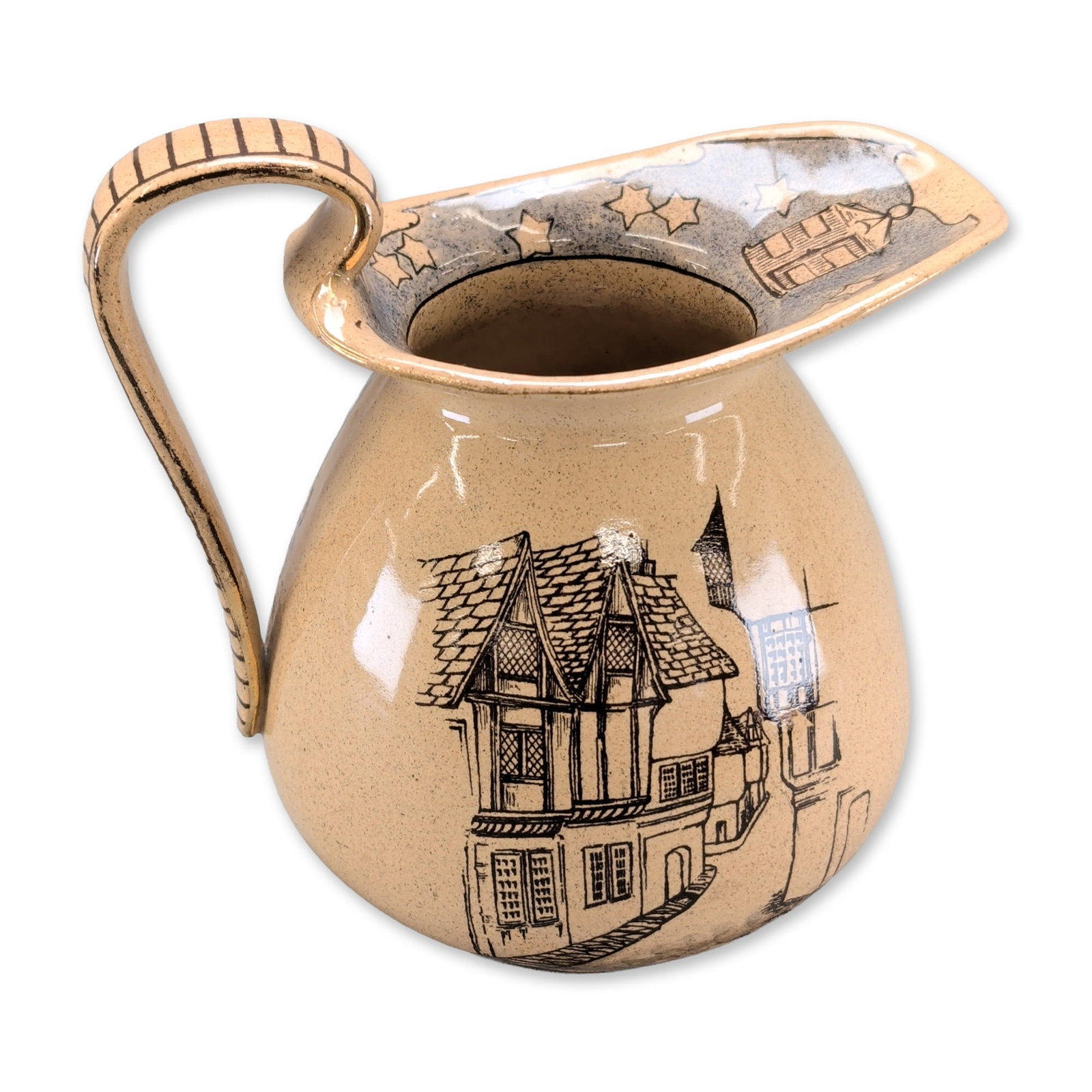Royal Doulton Night Watchman Earthenware Pitcher: Royal Doulton (England) The Night Watchman series earthenware pitcher, pattern number D1044. The bulbous vessel features a speckled cream glaze decorated with a polychrome transfer-printed and hand-pa