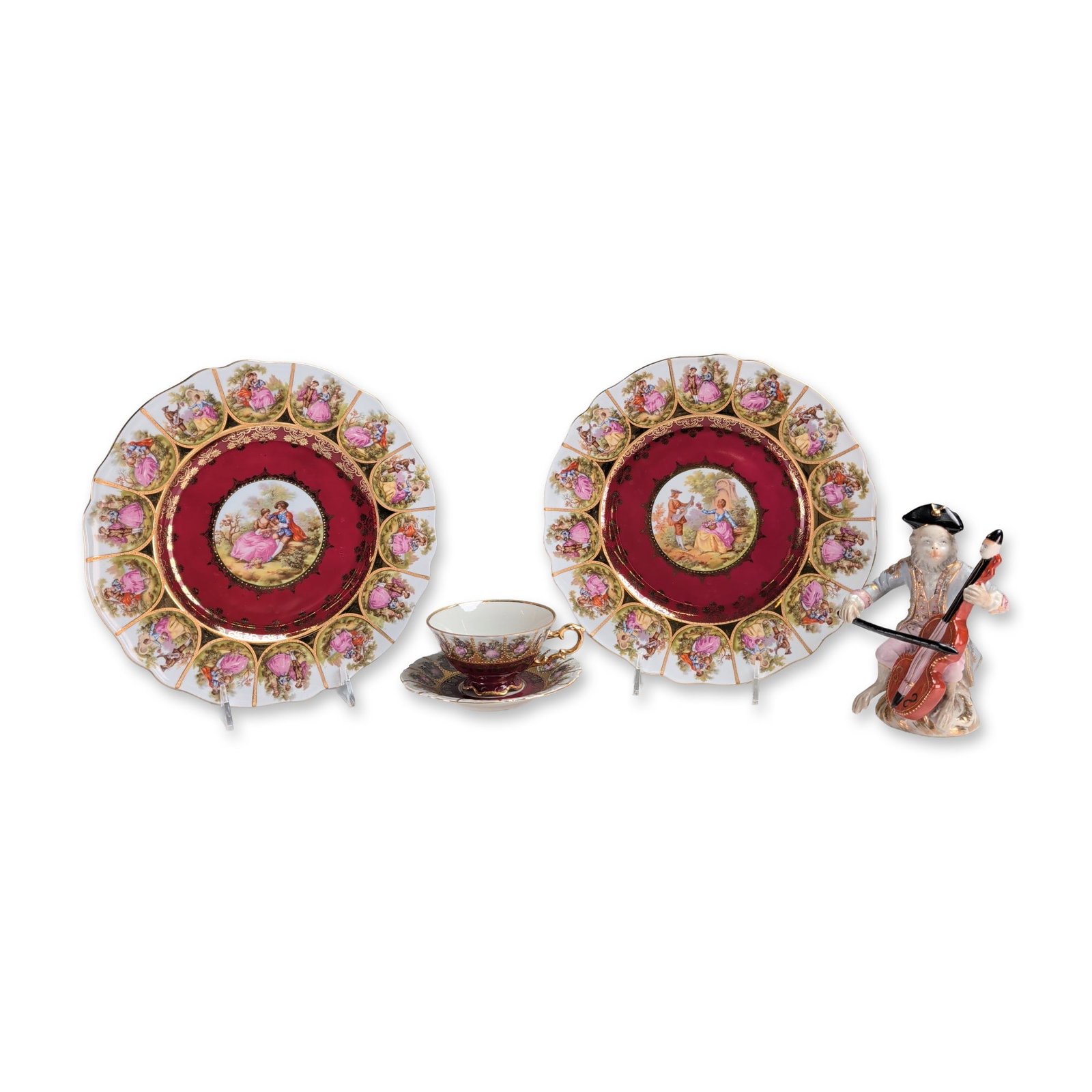 5pc Germany Porcelain Cabinet Plates, Cup and Saucer, and Monkey Musician Figurine (1 of 9)