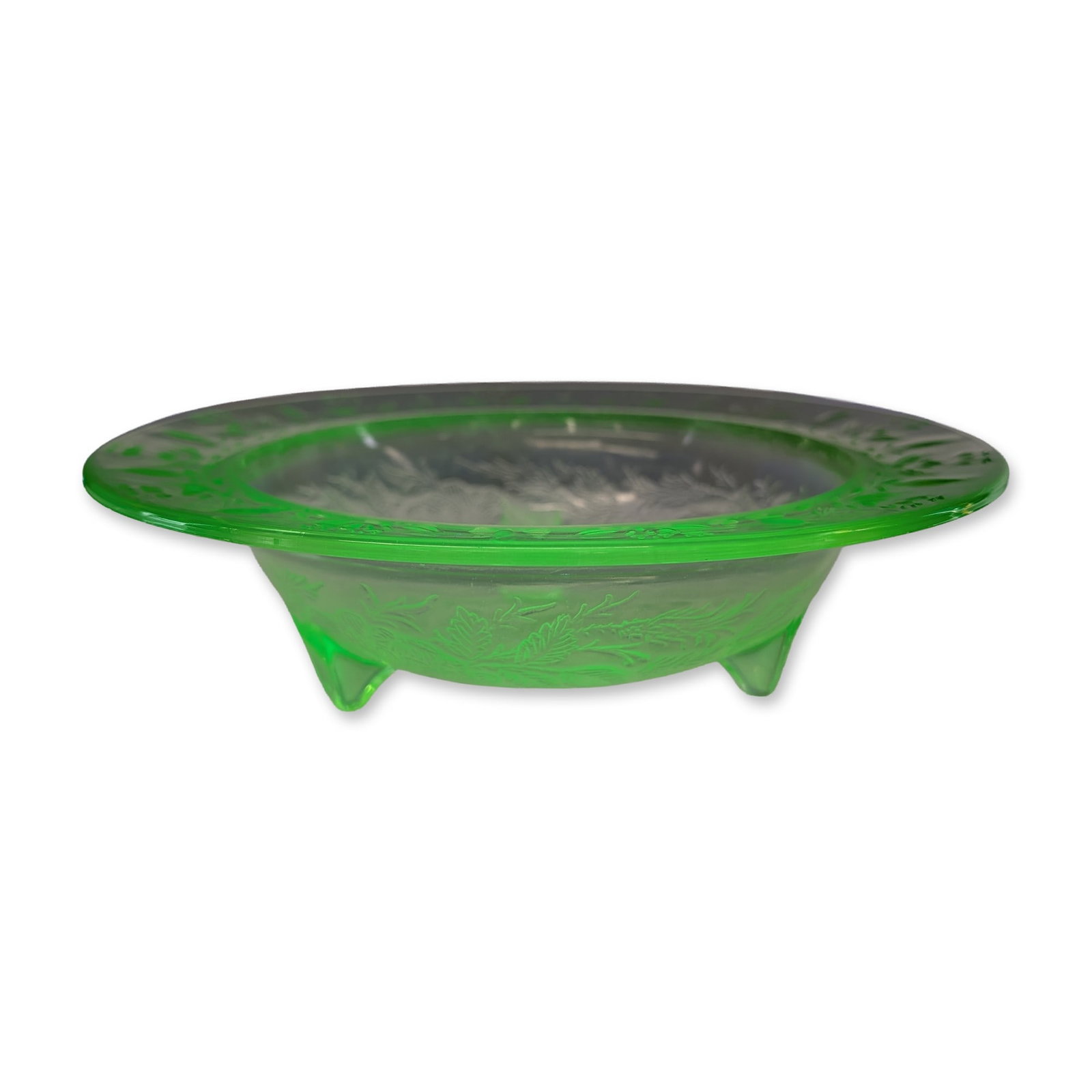 US Glass Company Rose and Thorn Style Uranium Glass Console Bowl: American Depression era pressed glass console bowl in the style of the Rose and Thorn pattern by US Glass Company. The piece is composed of translucent apple green uranium glass featuring strong green