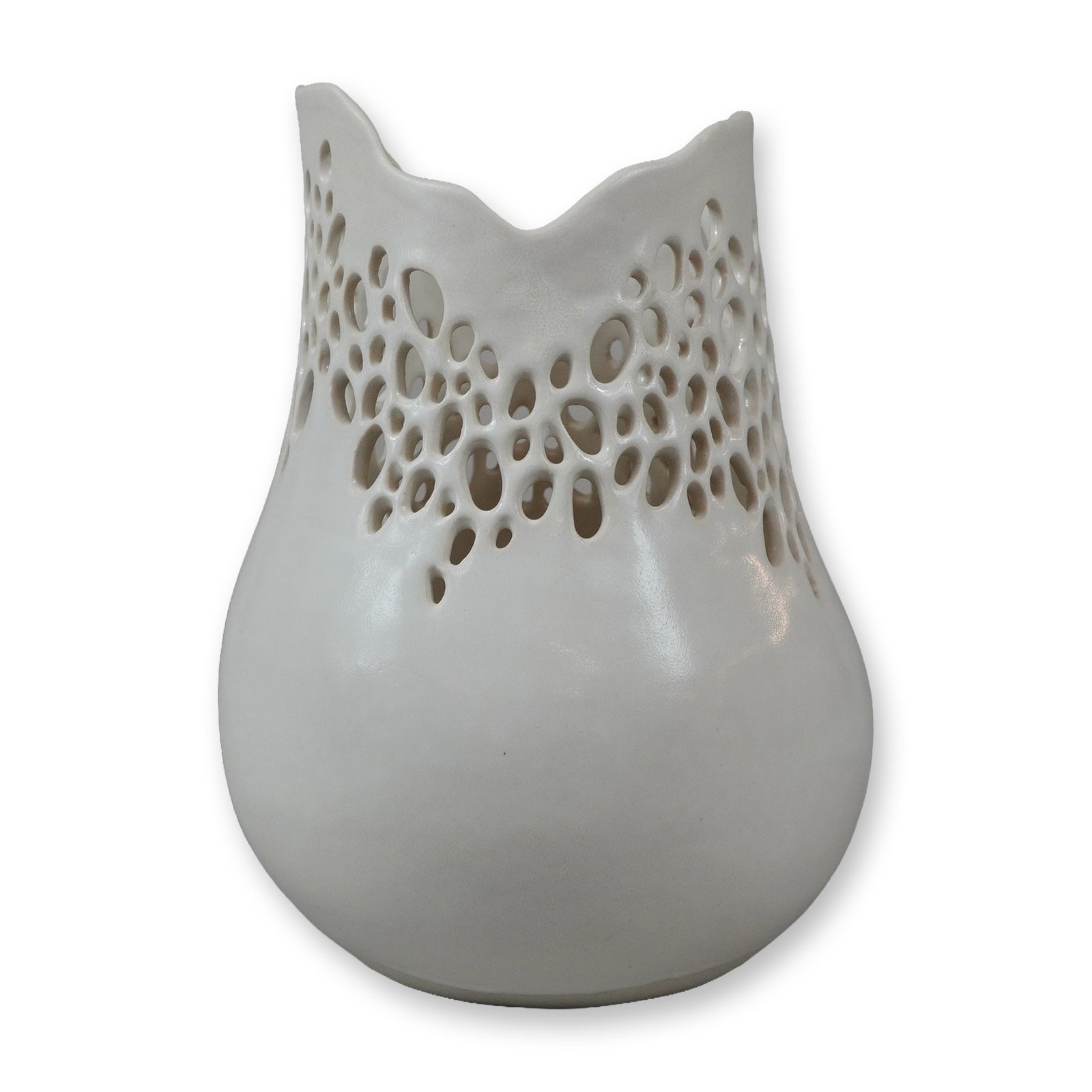 Kate Tremel for Pewabic Pottery White Glazed Pierced Ceramic Vase: A glazed ceramic vase featuring an ovoid form with a tapered neck and an irregular wavy rim. The upper portion of the vessel is decorated with hand-cut reticulation creating an organic cellular honeyc
