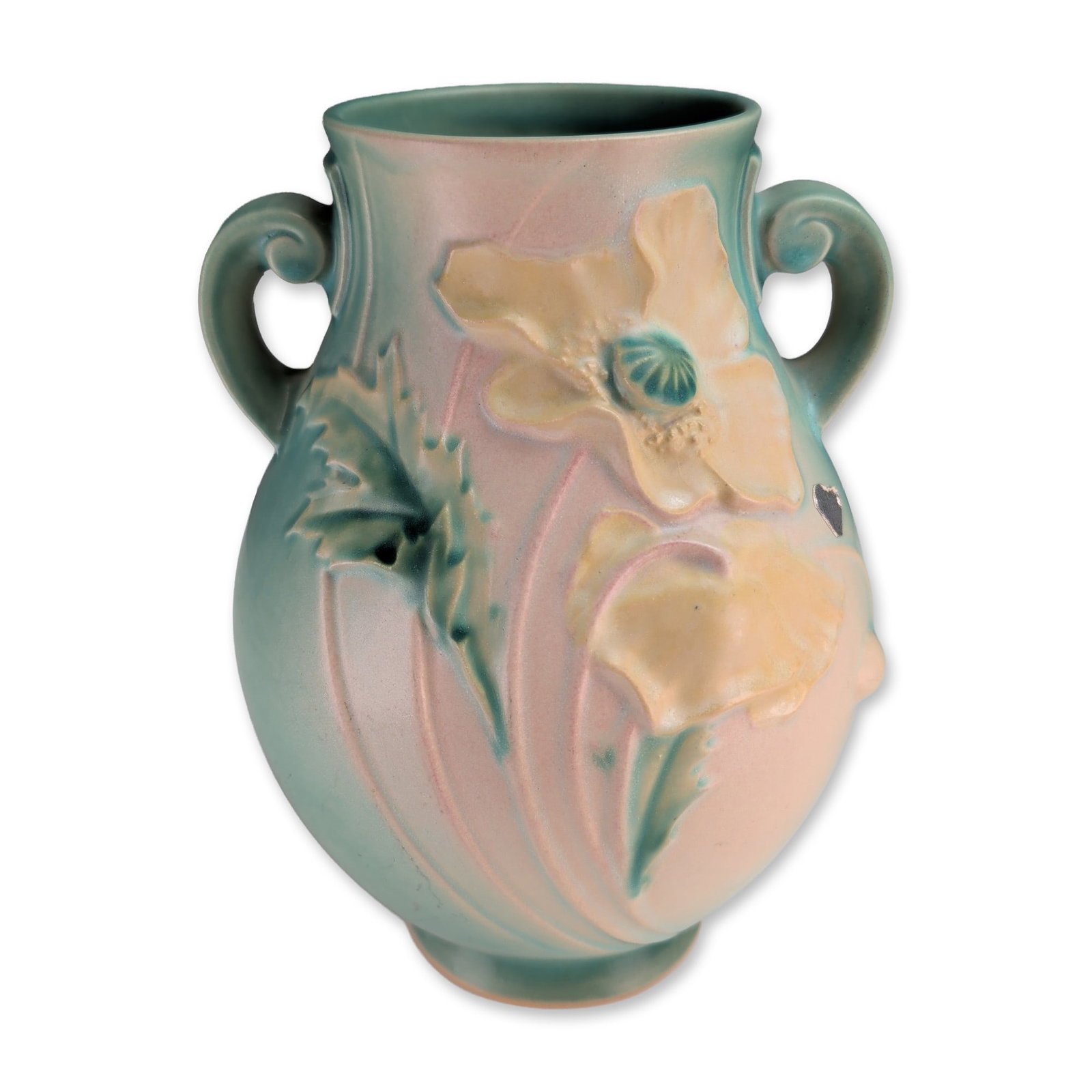 Roseville Poppy Pattern Art Pottery Vase: Roseville Pottery, American, Poppy pattern, introduced circa 1938. Earthenware vase with a bulbous body and twin scrolled handles at the shoulders. Decorated in high-relief with poppy blossoms in crea