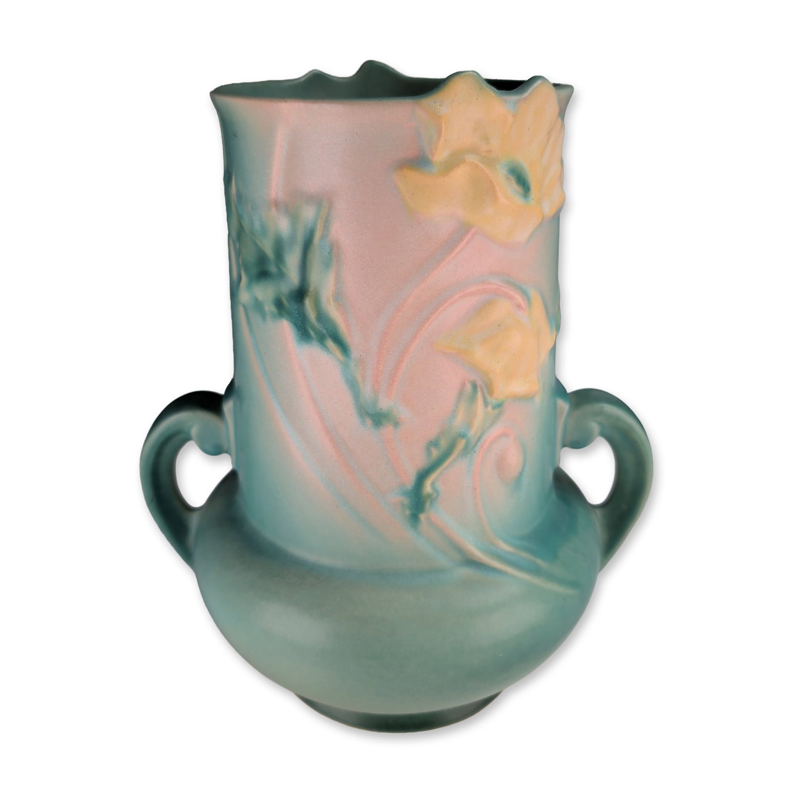Roseville Pottery Green Poppy Pattern Large Ceramic Vase: Roseville Pottery two-handled vase in the Poppy pattern, constructed with a matte glaze featuring a blended colorway of green, teal, and soft peach. The exterior displays molded relief poppy blossoms 