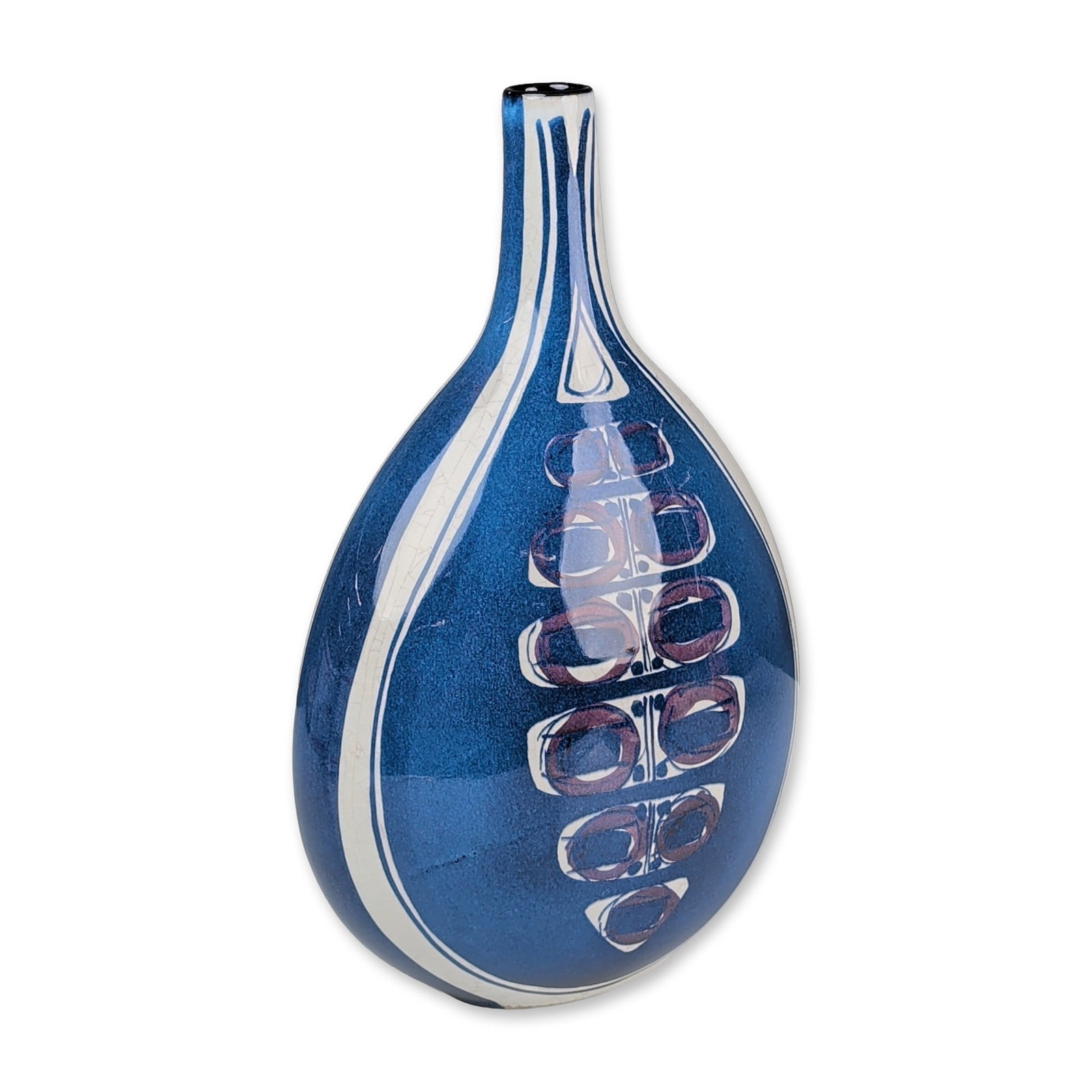 Royal Copenhagen by Inge Lise Koefoed Tenera Bottle Form Vase: Danish mid-century modern vase designed by Inge Lise Koefoed for Royal Copenhagen. Flattened bulbous bottle-form earthenware vessel featuring a textured blue crystalline glaze from the Baca series. Th