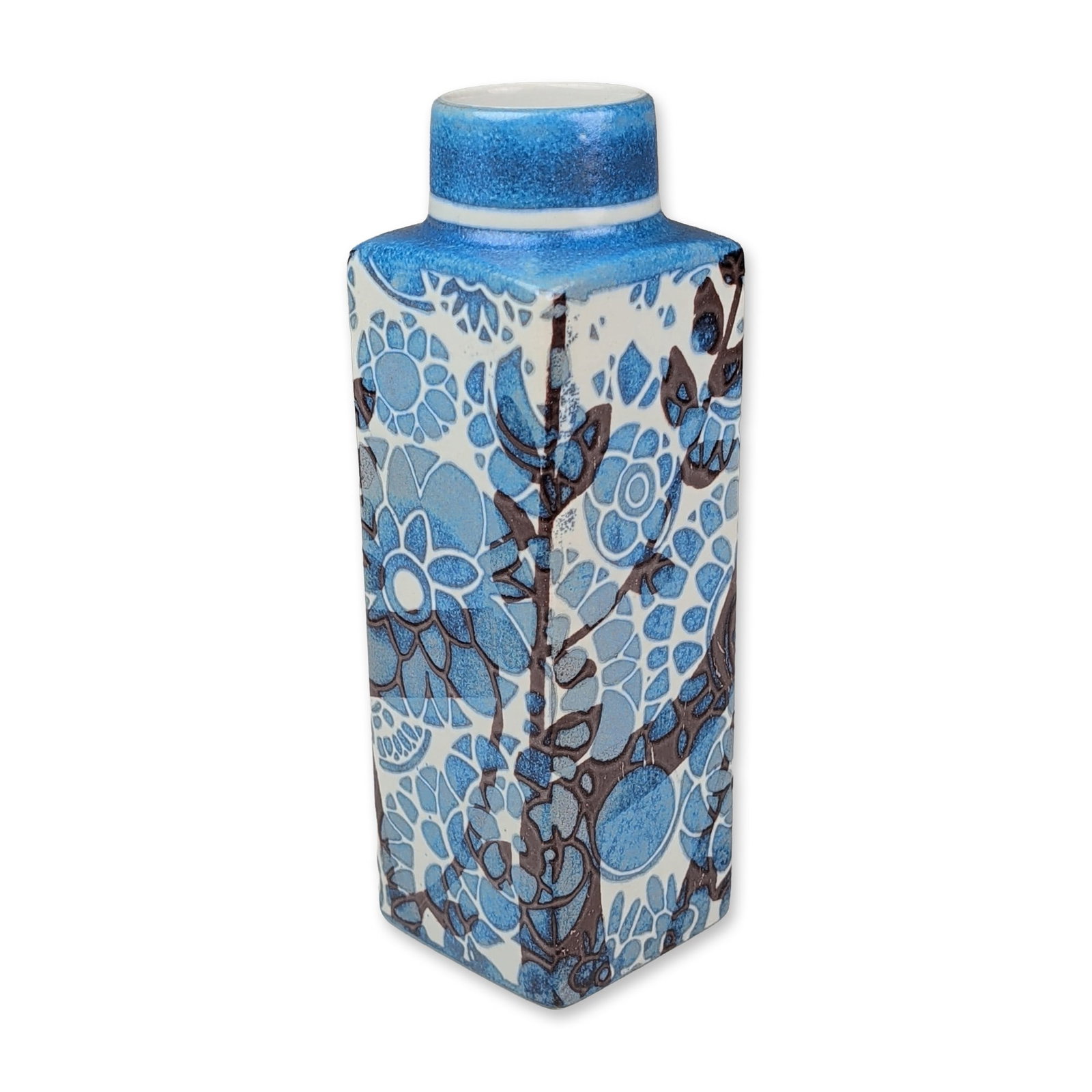 Royal Copenhagen Johanne Gerber Baca Faience Vase: Royal Copenhagen, Denmark. Rectangular faience vase from the Baca series, with pattern designed by Johanne Gerber. The earthenware vessel features a stylized floral and foliate motif in shades of coba