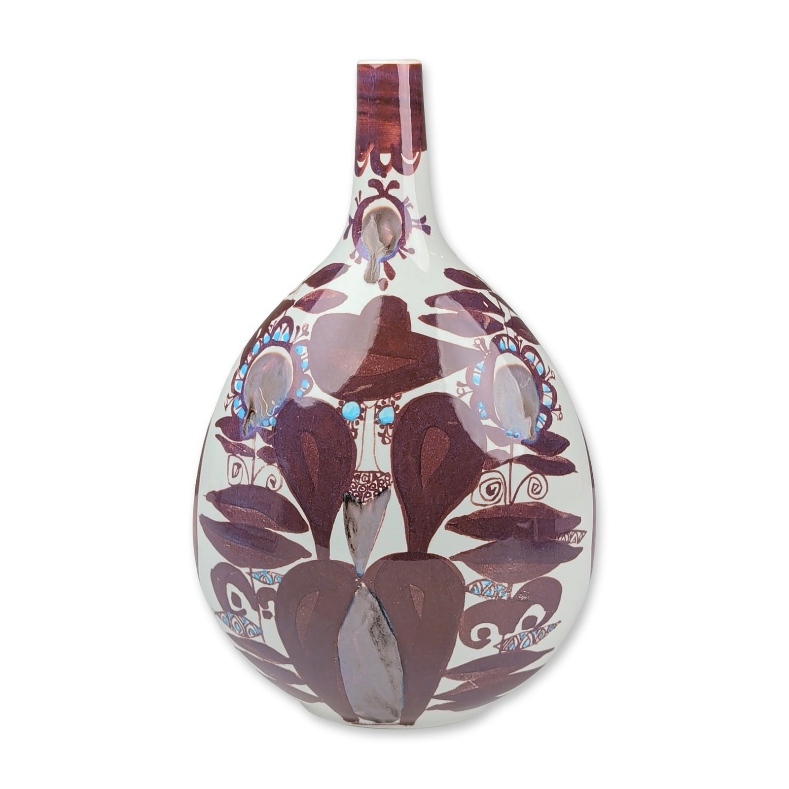 Royal Copenhagen Kari Christensen Baca Vase: Royal Copenhagen mid-century modern glazed earthenware vase from the Baca series, designed by Kari Christensen. The teardrop-shaped vessel features a long neck and is hand-decorated with abstract bota