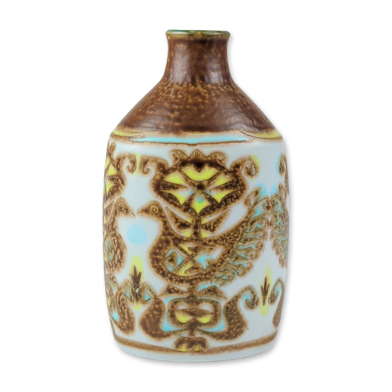Royal Copenhagen Nils Thorsson Baca Faience Vase: Royal Copenhagen mid-century modern faience vase from the Baca series, designed under the artistic direction of Nils Thorsson. This flattened ovoid cabinet vase features a complex abstract pattern of 