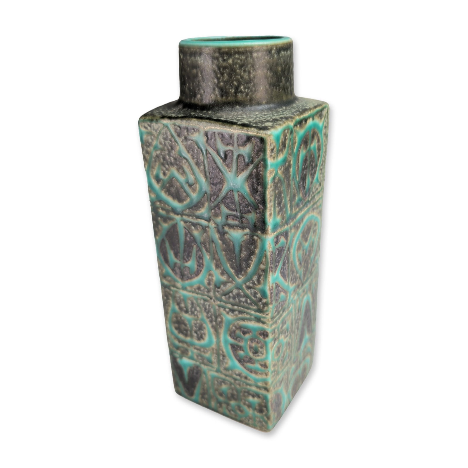 Royal Copenhagen Nils Thorsson Baca Series Faience Vase: Royal Copenhagen mid-century modern Baca series faience vase, designed by Nils Thorsson. The rectangular pillar form features a short cylindrical neck and is decorated with relief-molded abstract geom