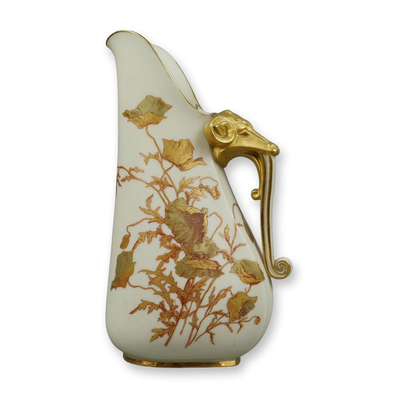 Royal Worcester Porcelain Flat Back Pitcher with Gilded Ram Head Handle and Floral Decoration: Royal Worcester porcelain pitcher of tusk-like asymmetrical form with a flattened back. The vessel features a prominent gilded handle modeled as a ram head and neck. The ivory-toned body is decorated 