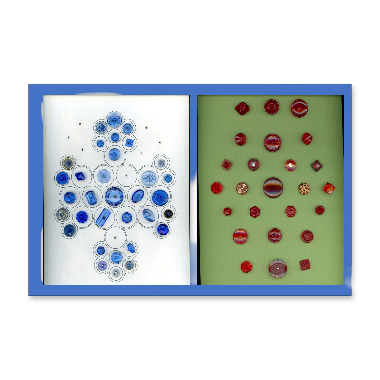 2 CARDS DIVISION THREE COLORED GLASS BUTTONS: 58 S/M/L 20th century West German red and blue glass examples. Almost patriotic here are these cards of translucent and transparent glass from the 1940's. Dimensions: SM=Less than 3/4", Medium=3/4" to