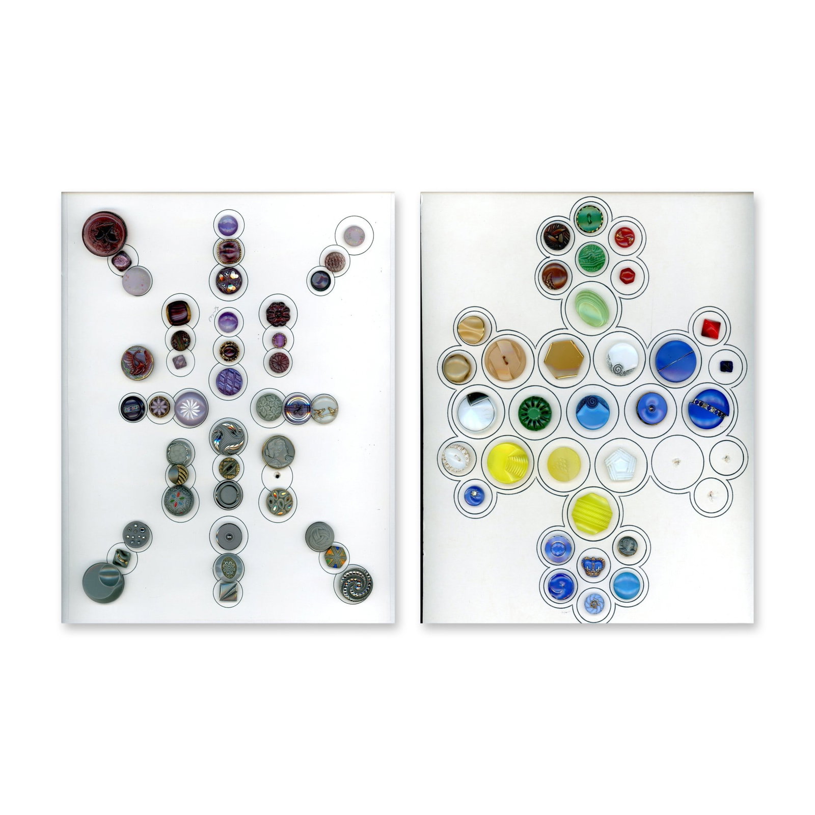 2 CARDS OF ASSORTED WEST GERMAN GLASS BUTTONS: 74 S/M/L 20th century assorted styles and examples.. Here we have a plethora of colors including purple, gray, blue, yellow and many more colors. Many are DECO designs. Dimensions: SM=Less than 3/4", 