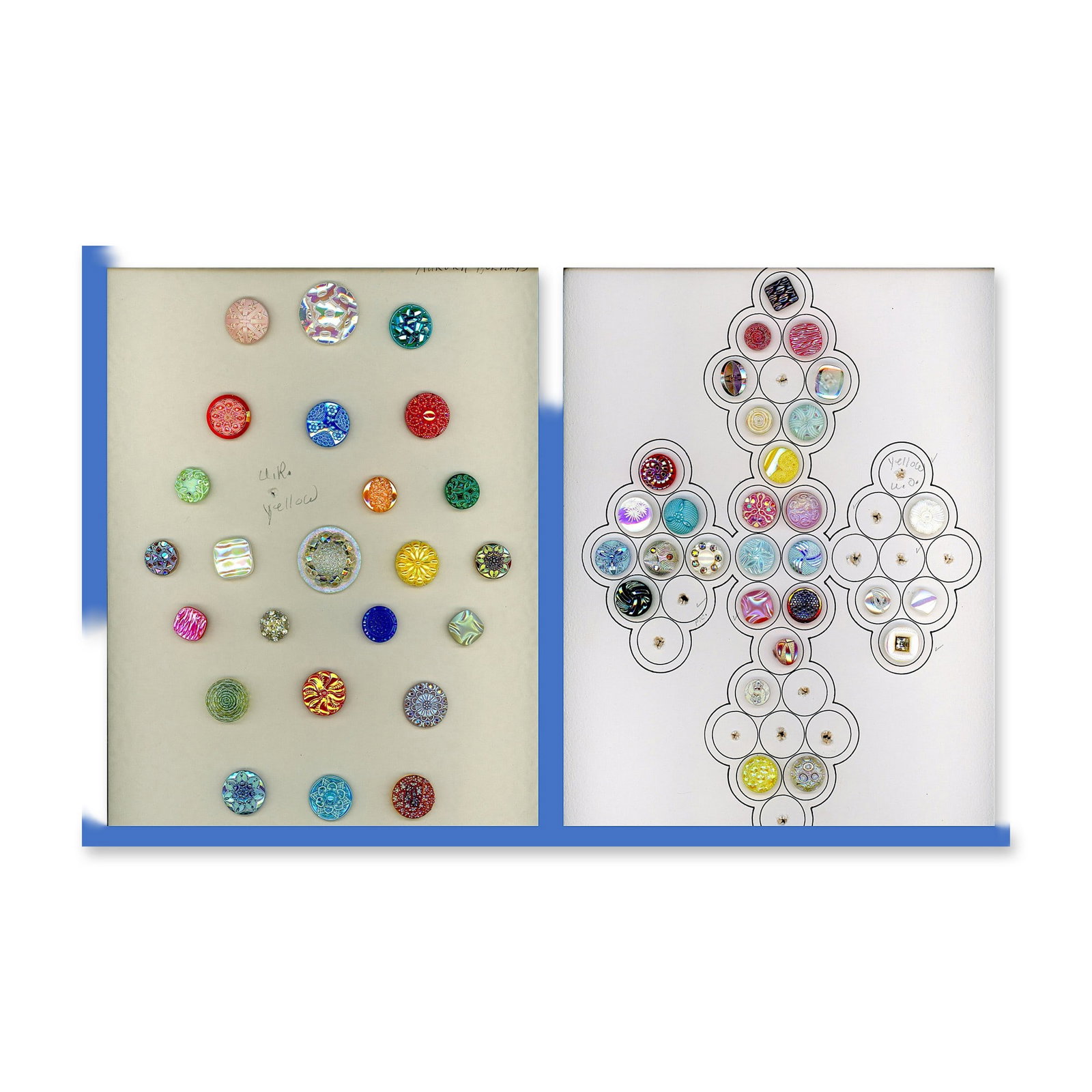 2 CARDS OF ASSORTED WEST GERMAN AURORA GLASS BUTTONS: 52 S/M/L 20th century assorted styles and examples.. Here is a colorful selection of 1940's West German glass Aurora Luster buttons in a variety of colors and fancy tops. Dimensions: SM=Less than 3/4"