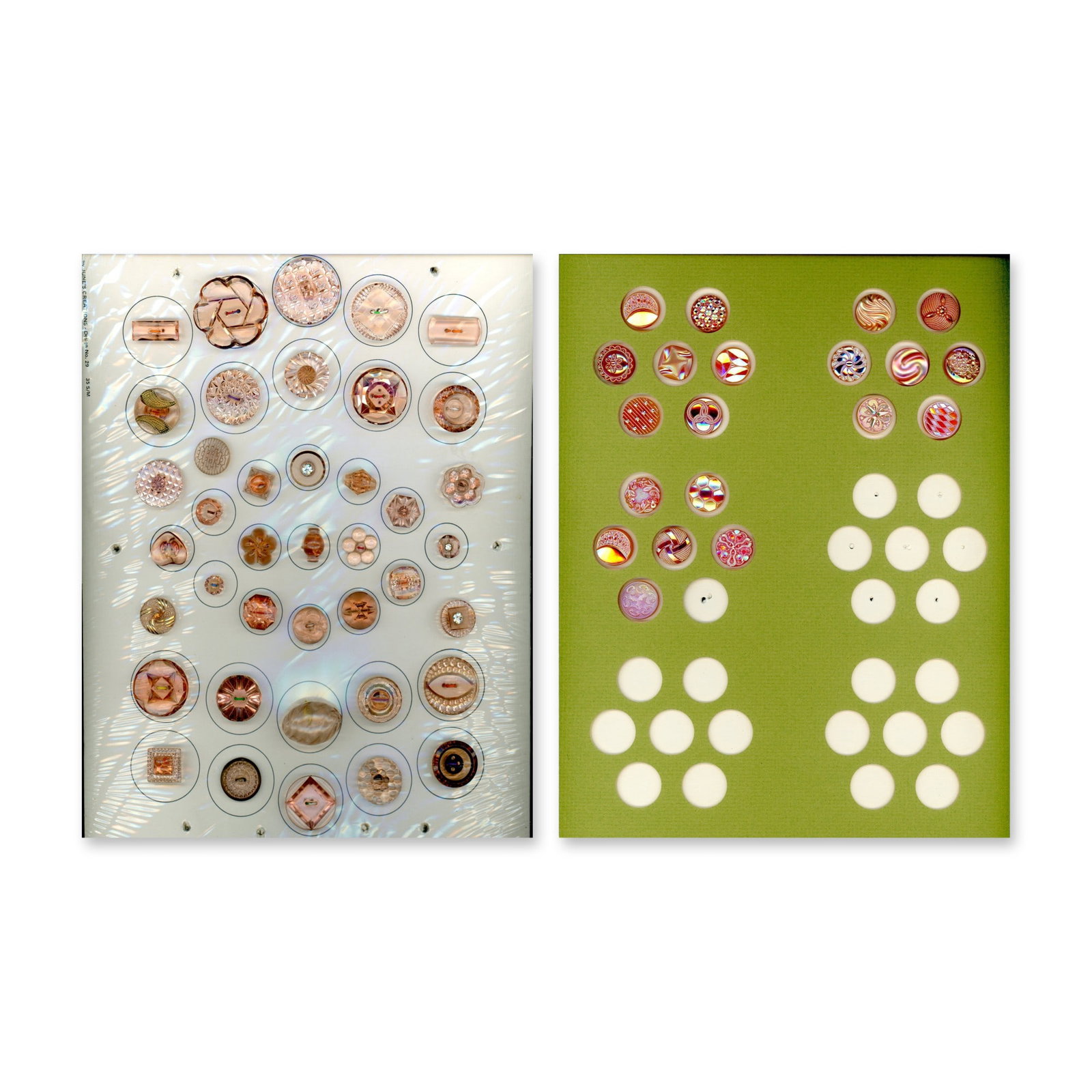 2 CARDS OF ASSORTED WEST GERMAN PINK GLASS BUTTONS: 60 S/M/L 20th century assorted styles and examples.. This pretty lot of pink glass includes several aurora lusters, faceted, transparent, frosted , shapes and much more. Dimensions: SM=Less than 3/4",