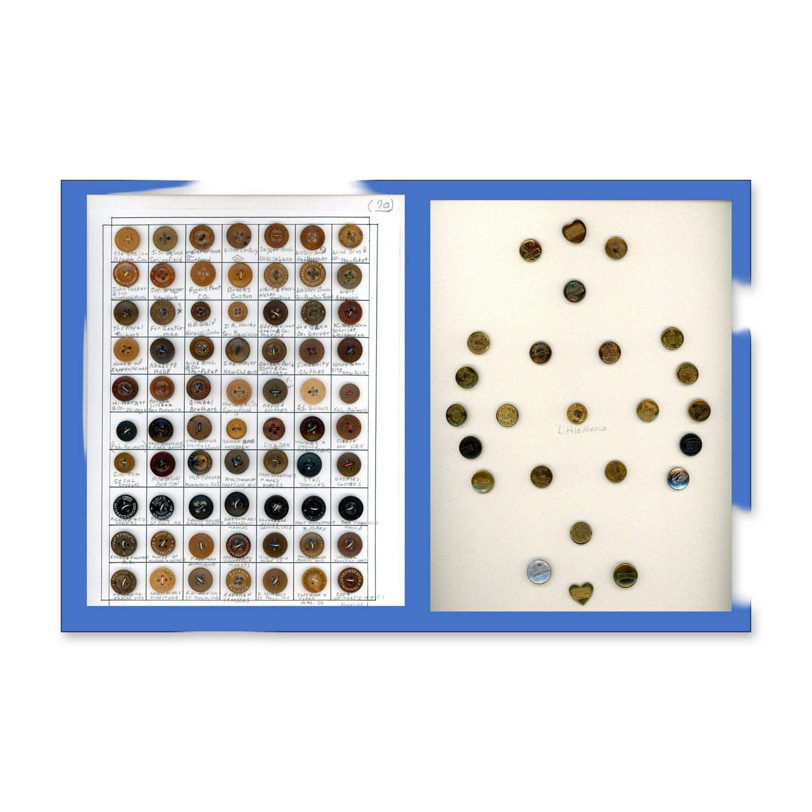 2 CARDS OF DIVISION ONE OVERALL BUTTONS: 96 Small examples including brass pictorials and Veg IV. These cards include a whole card of brass pictorial advertising examples including Little Nemo along with a large card of sew thru Veg. Iv. Exa