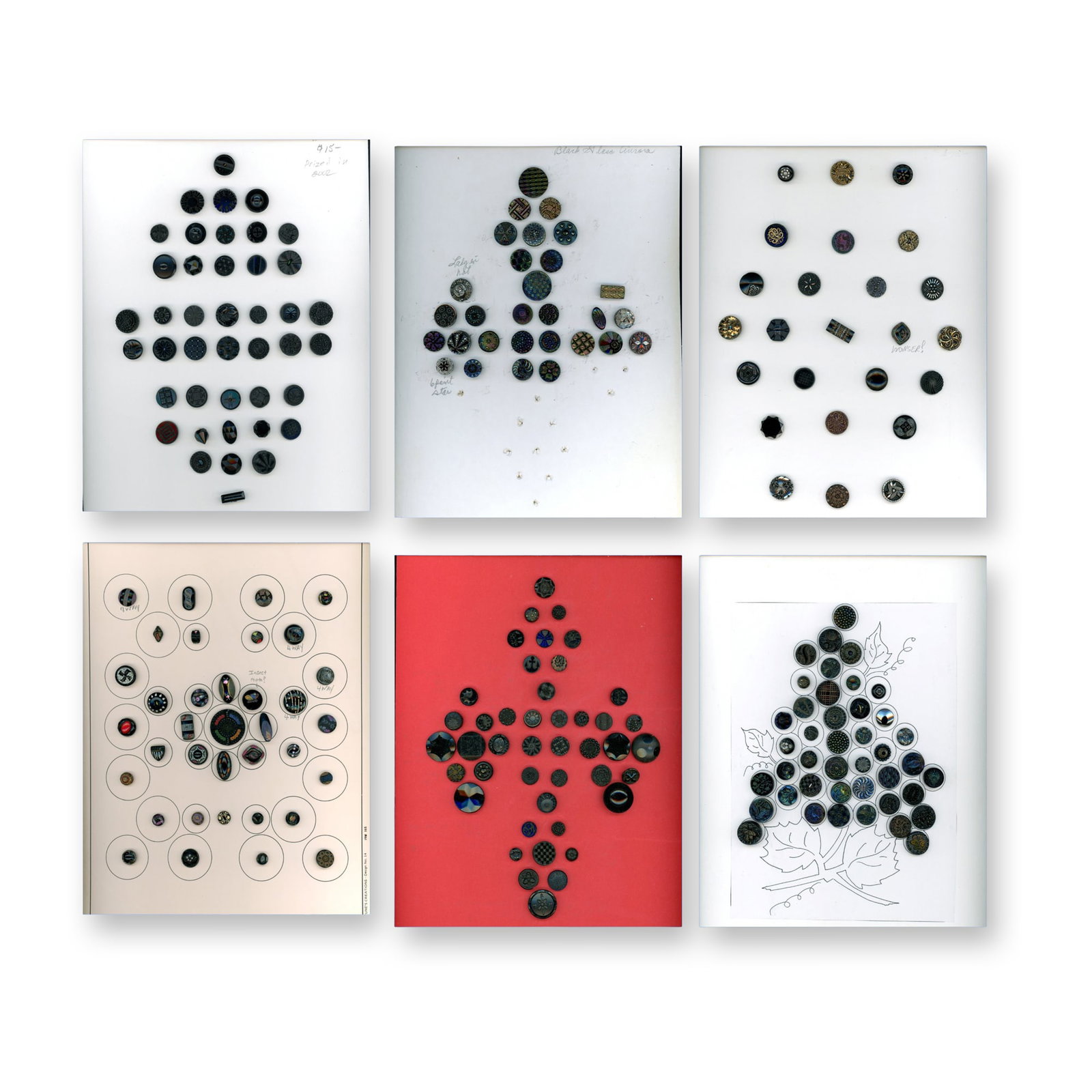 6 CARDS OF DIVISION ONE & 3 BLACK GLASS BUTTONS: 212 S/M/L 19th/20th century assorted technique examples. These cards include a variety of styles including pictorials, patterns, shapes. Paint DF (decorative finish), lusters and more. The majority ar