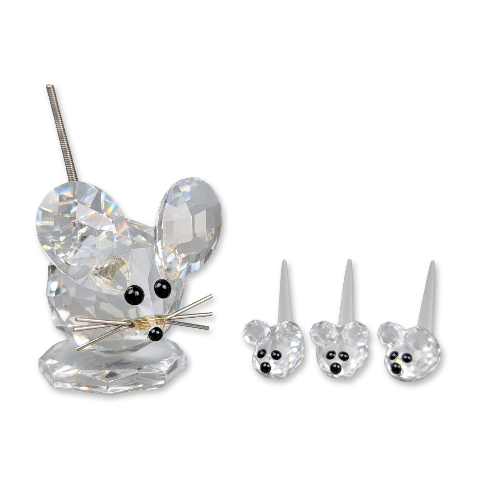 Two Swarovski Silver Crystal Mouse Figurines: Swarovski faceted clear lead crystal figurines of a large mouse and three baby mice. The large mouse features six metal wire whiskers and a flexible coiled metal spring tail tipped with a ball, set up