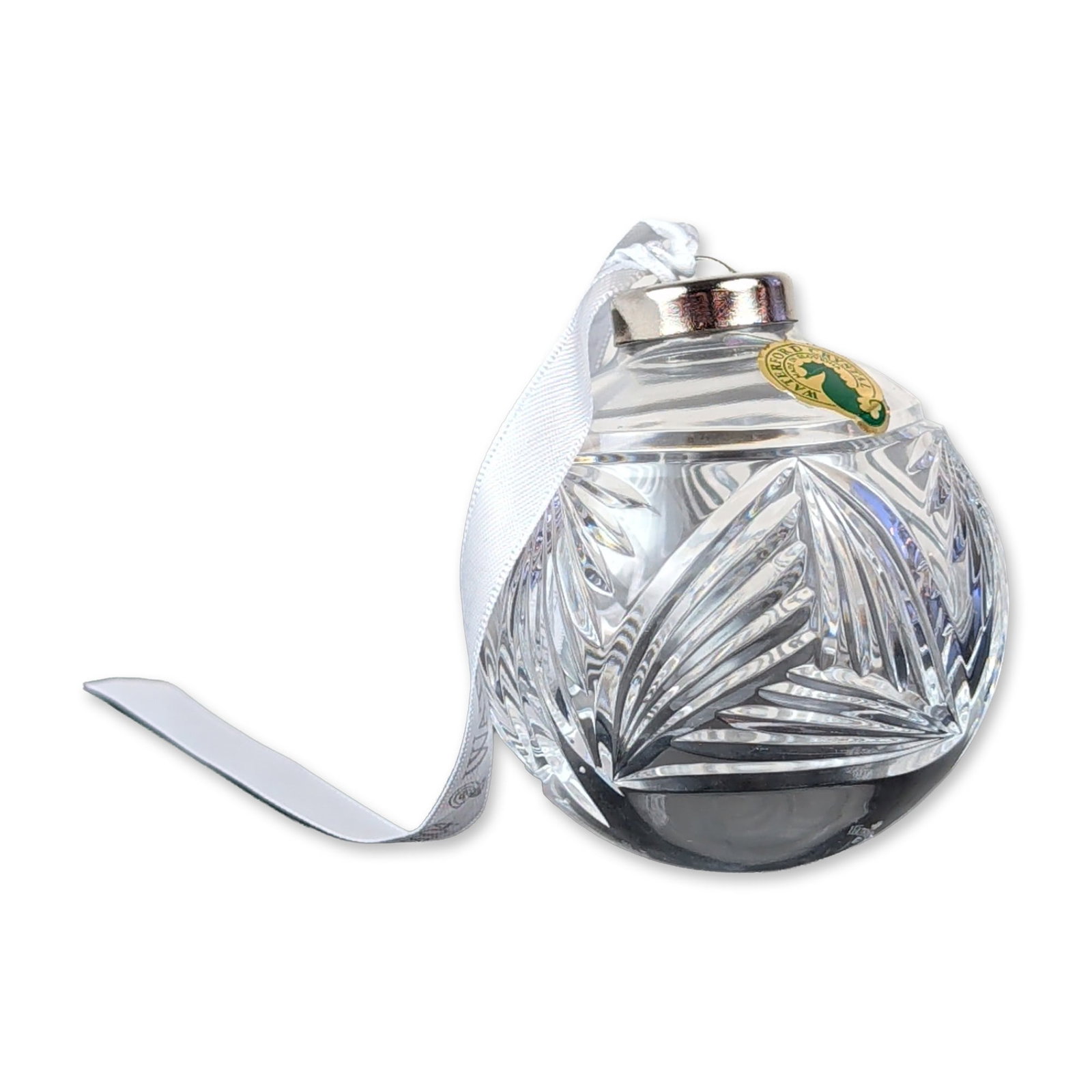 Waterford Times Square Hope for Abundance Crystal Ball Ornament: Waterford lead crystal ball ornament from the Times Square Collection, featuring the Hope for Abundance design. The spherical form is decorated with deep geometric wedge cuts forming radiating fan and