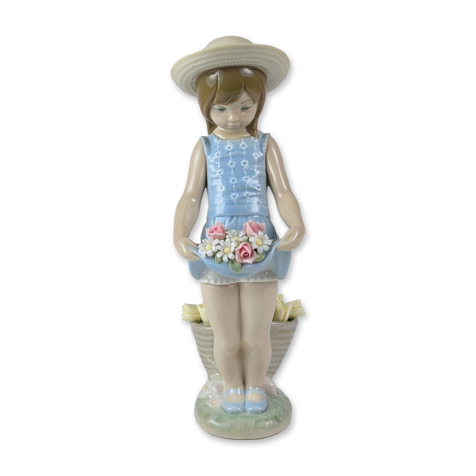 Lladro My Flowers Porcelain Figurine 1001284: Lladro porcelain figurine titled My Flowers, model number 1001284, designed by Francisco Catala. The figure depicts a young girl in a blue sleeveless dress with a white lace-patterned bodice and straw