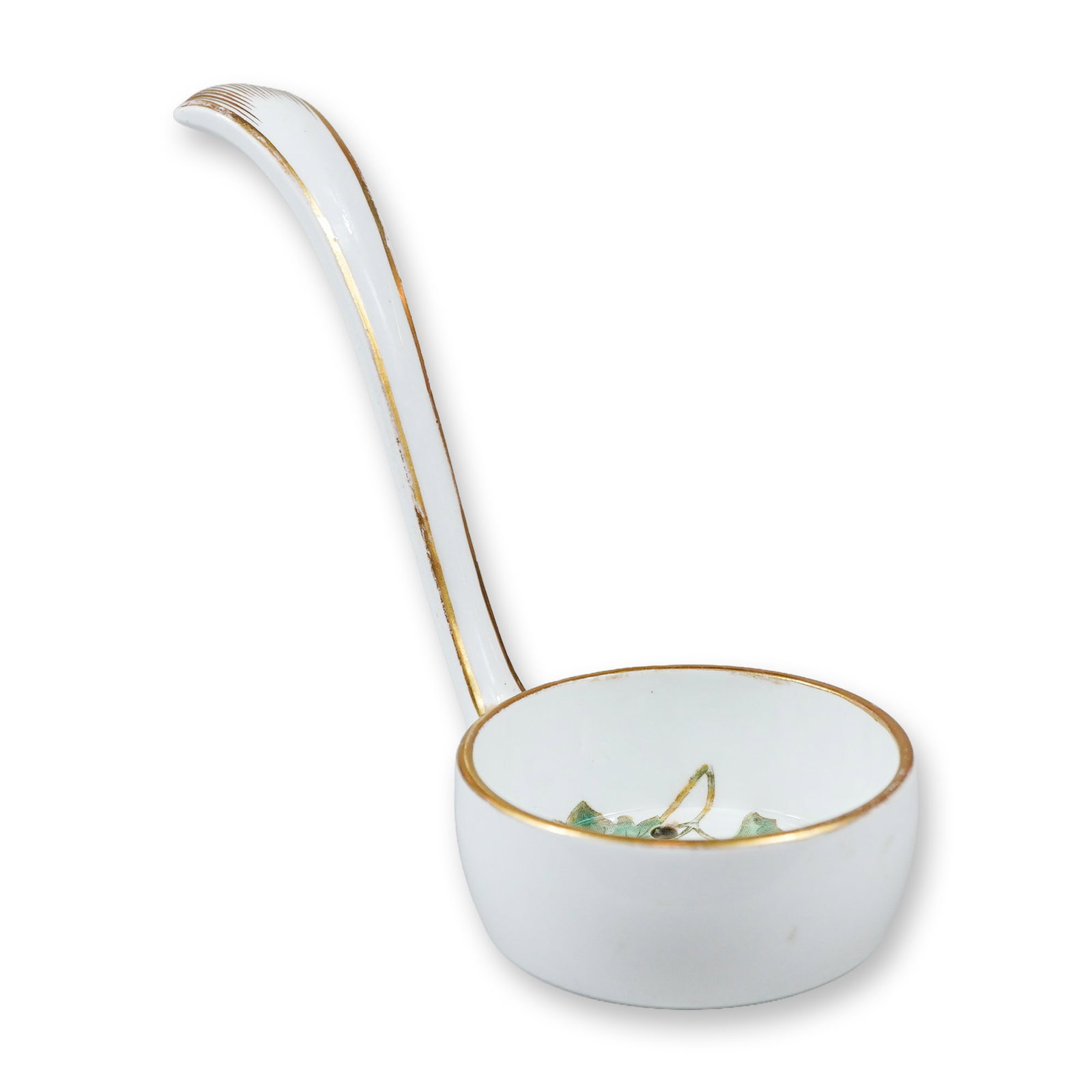 Wedgwood Porcelain Botanical Mayonnaise Sifter Ladle: A porcelain mayonnaise sifter ladle featuring a deep circular bowl with a perforated base and a long, gracefully curved handle that tapers to a point. The interior of the bowl is hand-painted with a b