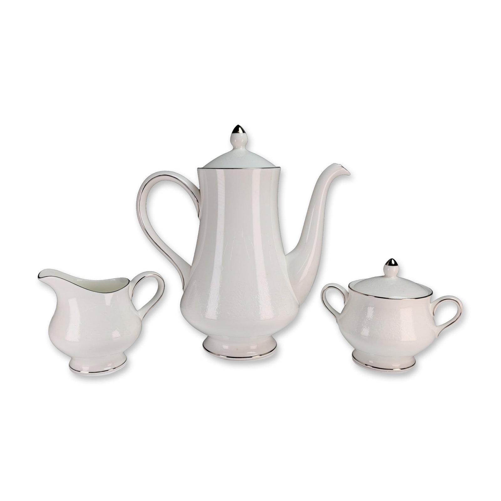 3pc Wedgwood Silver Ermine Bone China Coffee Service: A three-piece fine bone china coffee service by Wedgwood in the Silver Ermine pattern, manufactured in England. The set consists of a coffee pot with lid, a double-handled lidded sugar bowl, and a cre