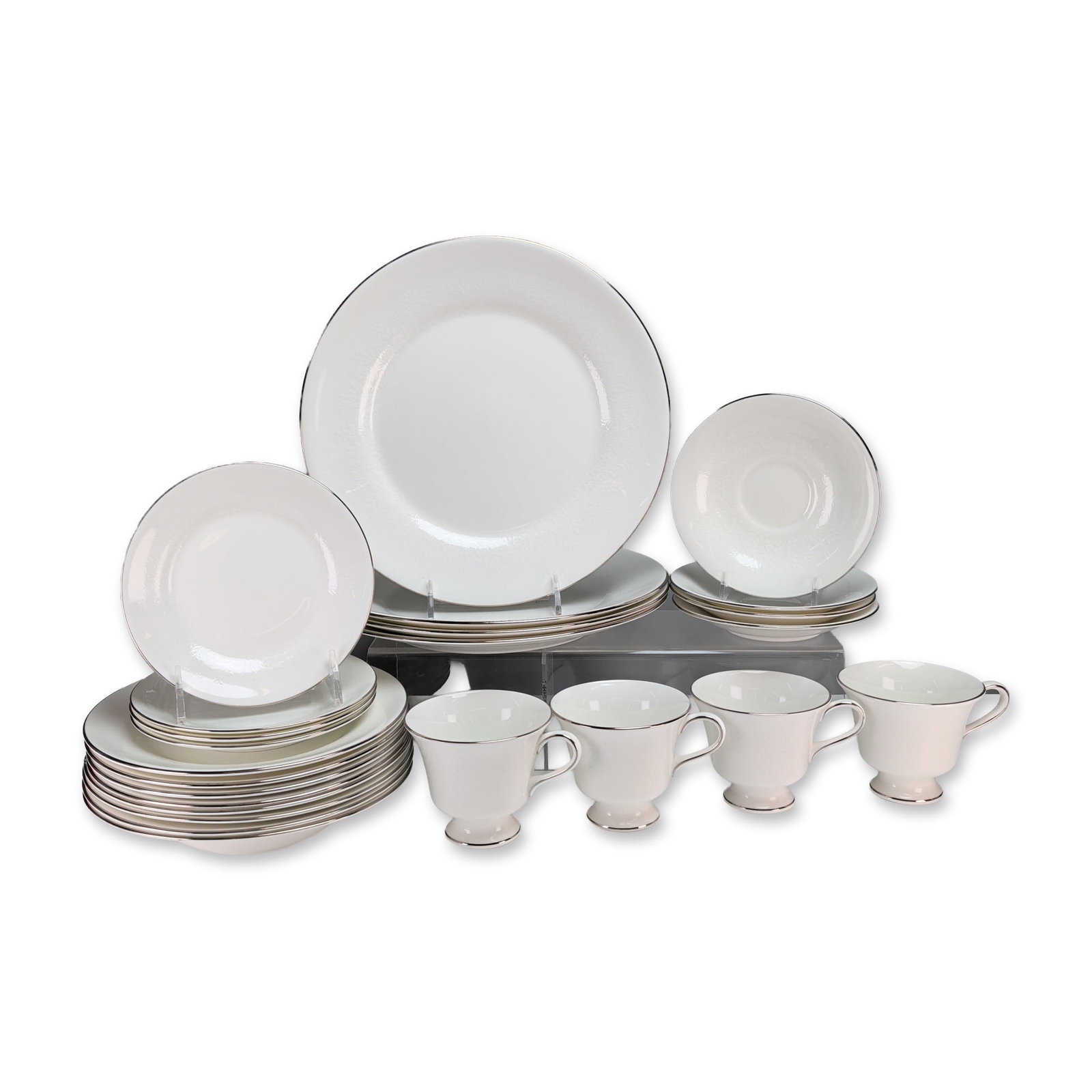 24pc Wedgwood Silver Ermine Bone China Dinner Service for Four: Wedgwood bone china twenty-four dinner service for four in the Silver Ermine pattern, featuring a textured white body with platinum trim. The group includes four coffee cups and four saucers, four din