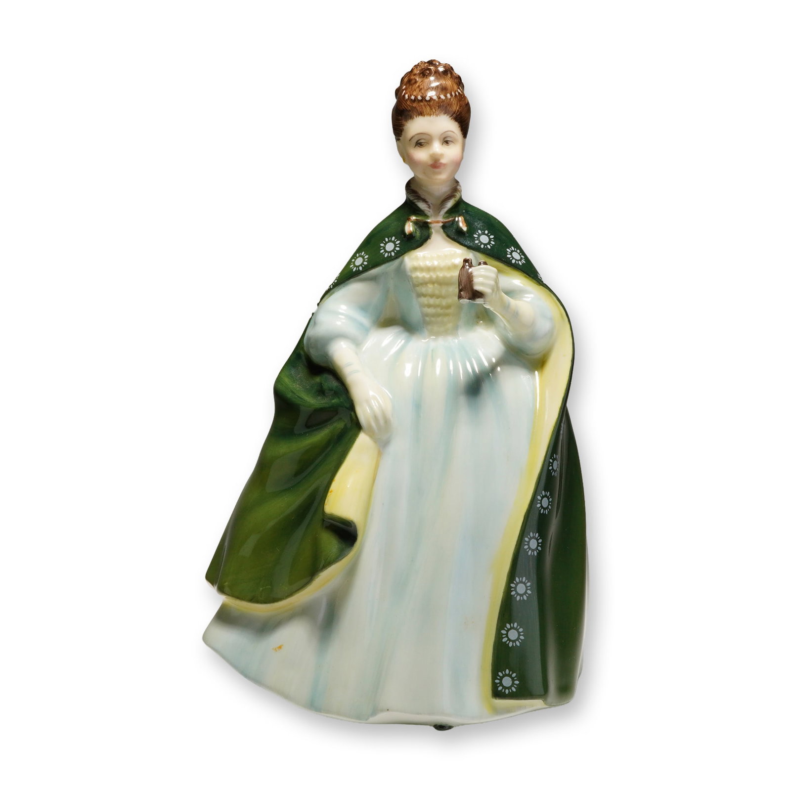 Royal Doulton Bone China Figurine Premiere HN 2343: A Royal Doulton bone china figurine titled Premiere, model number HN 2343. The figure depicts a woman in mid-18th-century style attire, featuring a pale blue gown under a long, dark green cloak. The c