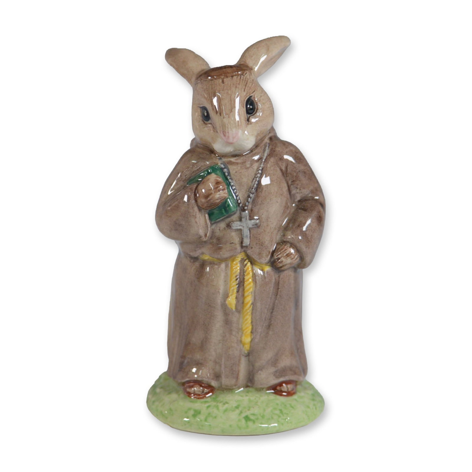 Royal Doulton Bunnykins Figurine, Friar Tuck DB246: Royal Doulton Bunnykins figurine, Friar Tuck DB246, from the Robin Hood Collection. This charming hand-decorated porcelain figurine features a bunny dressed as Friar Tuck, holding a green book and a c