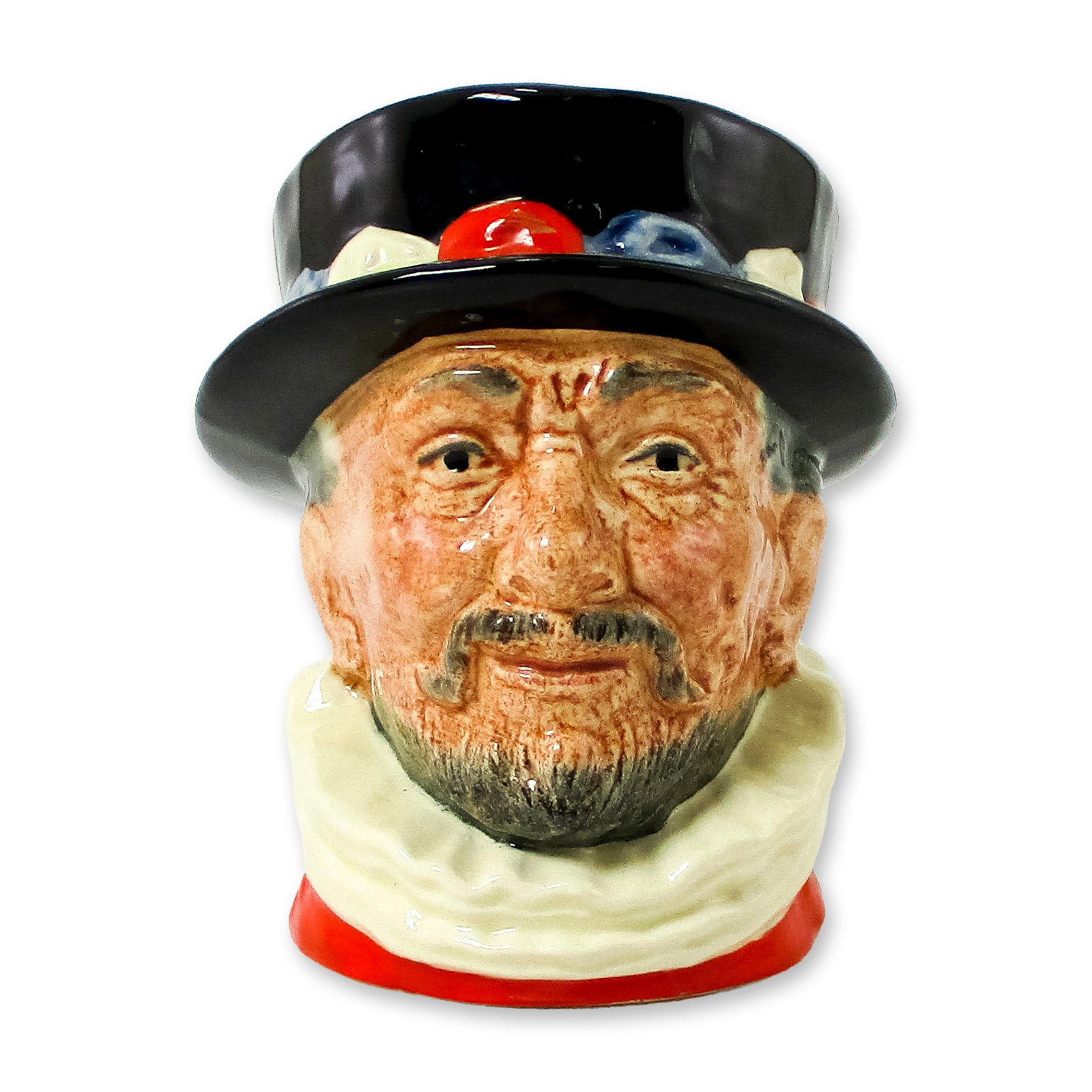 Beefeater ER D6233 Scarlet Small Royal Doulton Character Jug: Variation Four. Scarlet with "ER" cypher. Black hat; white ruff; scarlet tunic. Series: RDICC. Royal Doulton backstamp. Artist: Harry Fenton Dimensions: 3.25"H Date or Era: 1987 - 1996 Manufacturer or