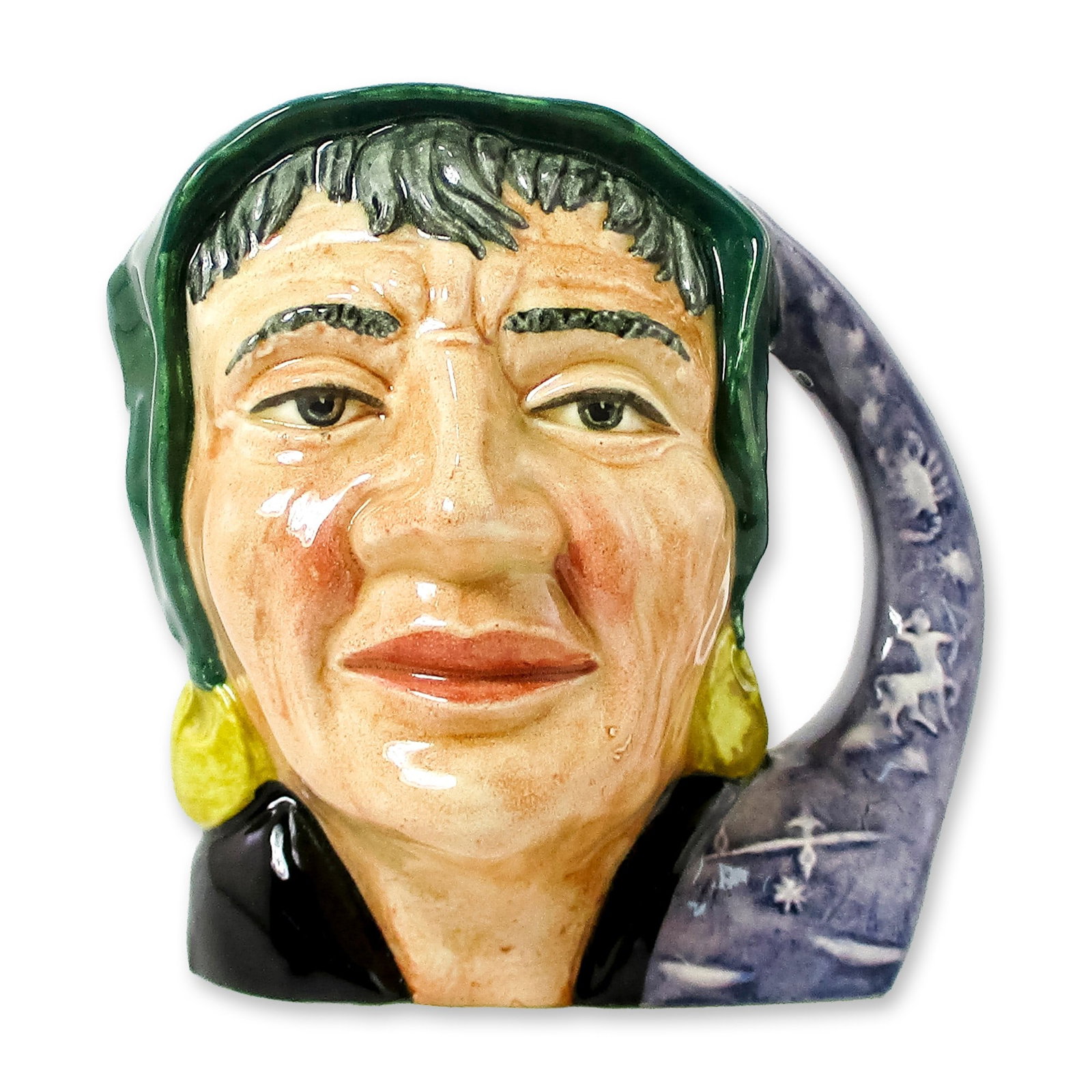 Fortune Teller D6503 - Small - Royal Doulton Character Jug: Style One, signs of the zodiac handle. Green scarf around head; black shawl; purple handle. Royal Doulton backstamp. Artist: Garry Sharpe Dimensions: 3.75"H Date or Era: 1959 - 1967 Manufacturer or Br