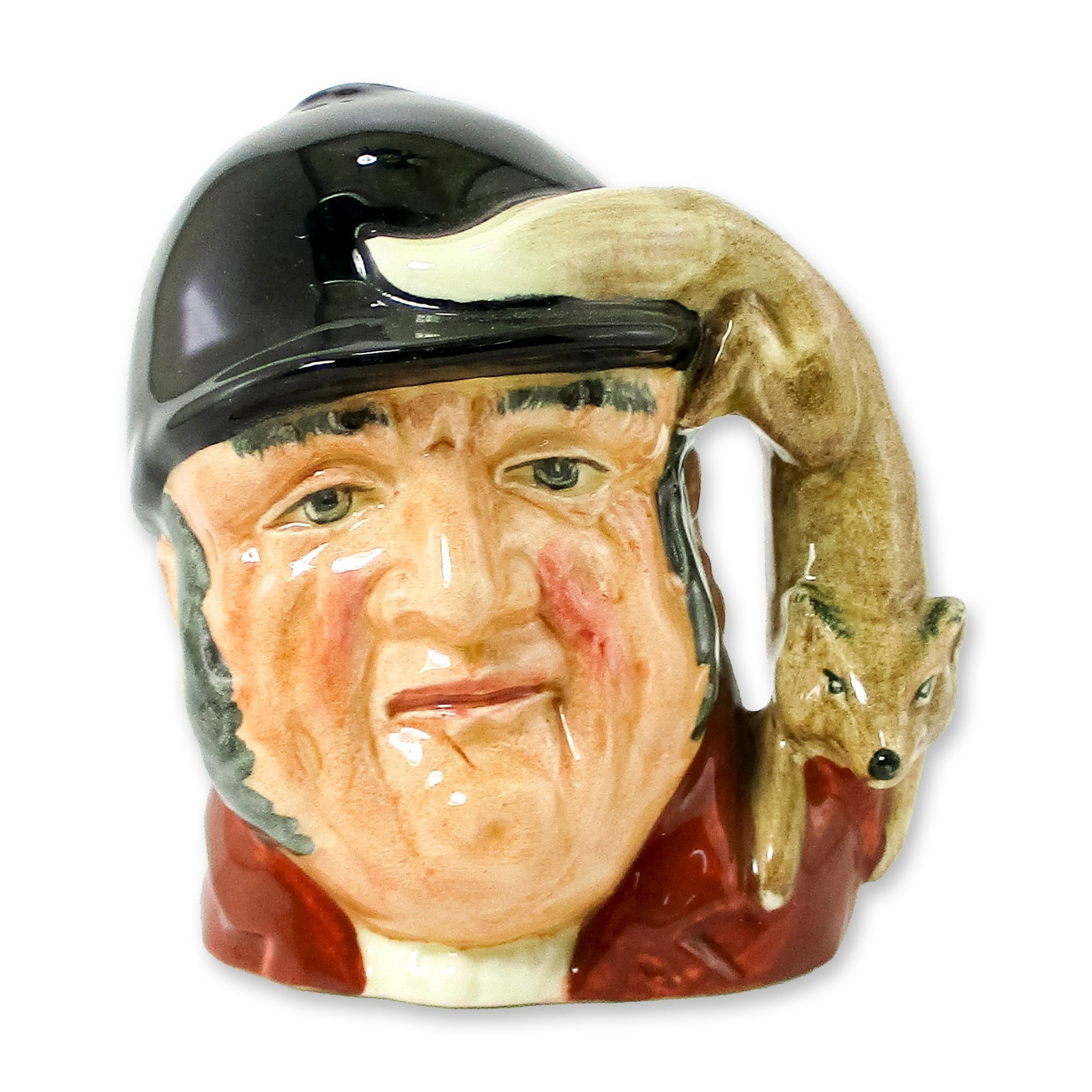 Gone Away D6538 - Small - Royal Doulton Character Jug: Red jacket; black cap. This very British huntsman looks ready to give the traditional call signaling the loss of the quarry. His prey, the fox, has won this round! Royal Doulton backstamp. Artist: Gar